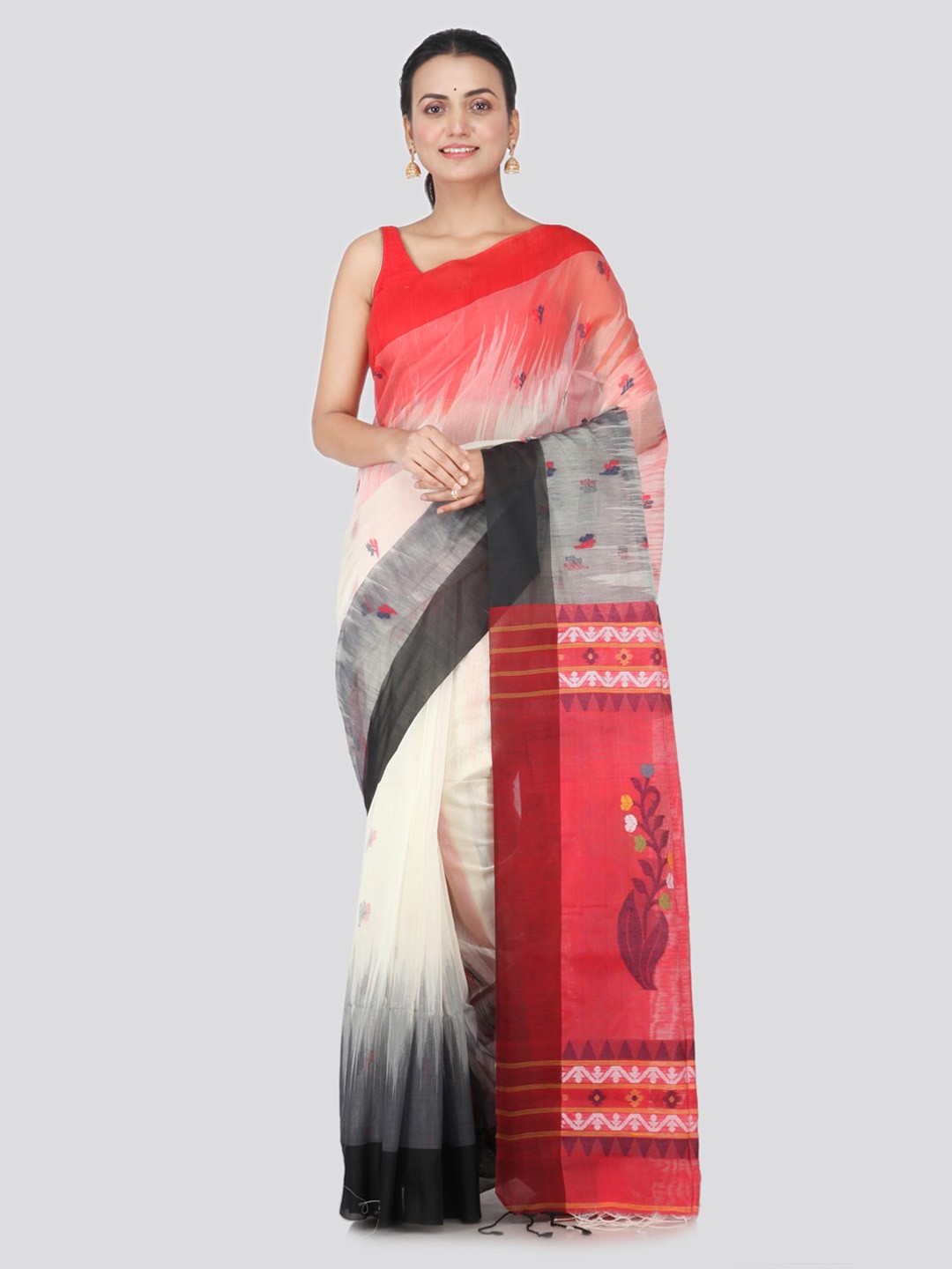 

PinkLoom White & Red Cotton Blend Woven Design Handloom Sustainable Saree