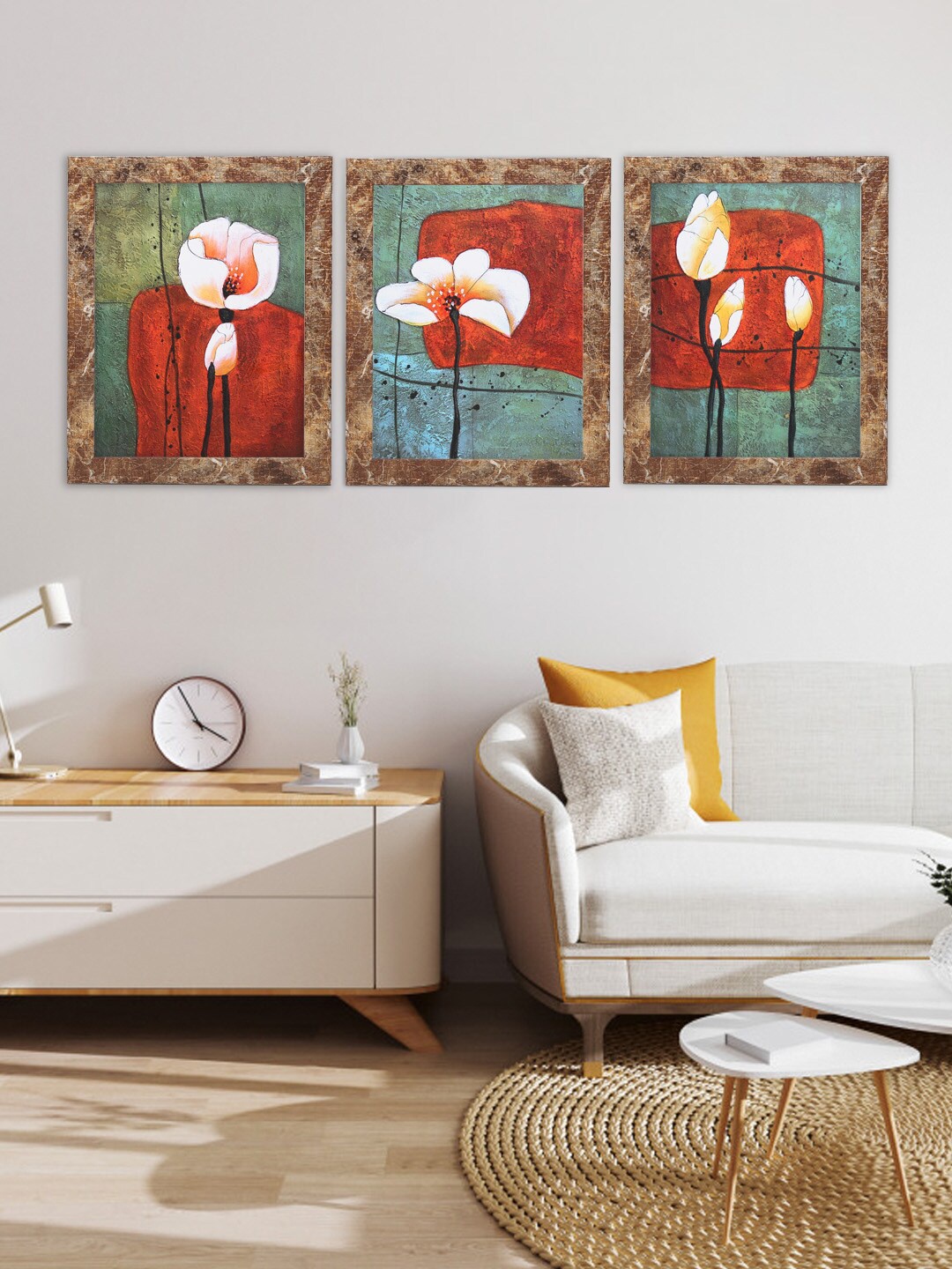 

Indianara Set Of 3 Teal Blue & Red Flowers Framed Art Prints Without Glass