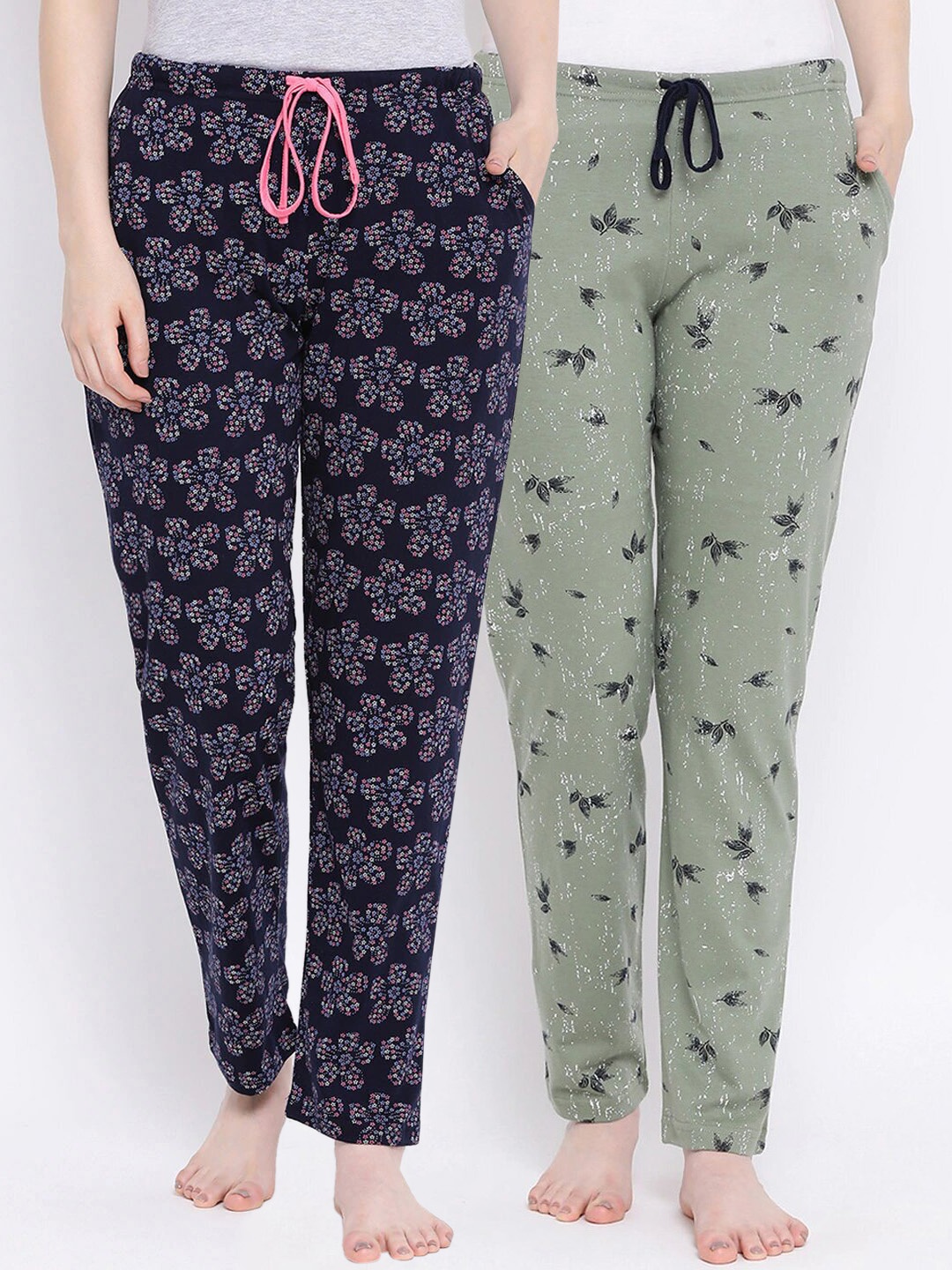 

Kanvin Women Pack of 2 Printed Pure Cotton Lounge Pants PJ1064+PJ1122, Navy blue