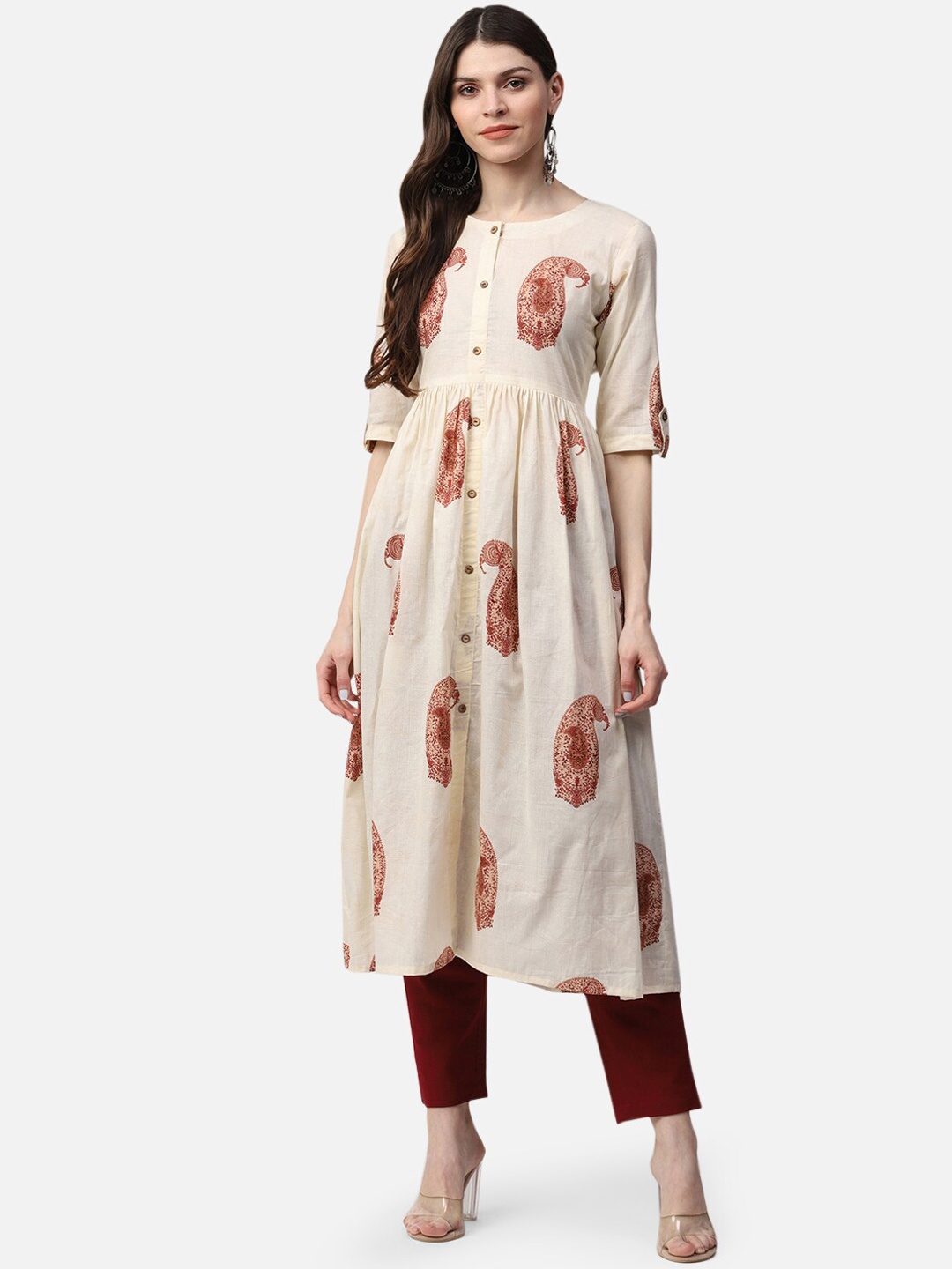 

AHIKA Women Cream-Coloured Paisley Printed Anarkali Kurta