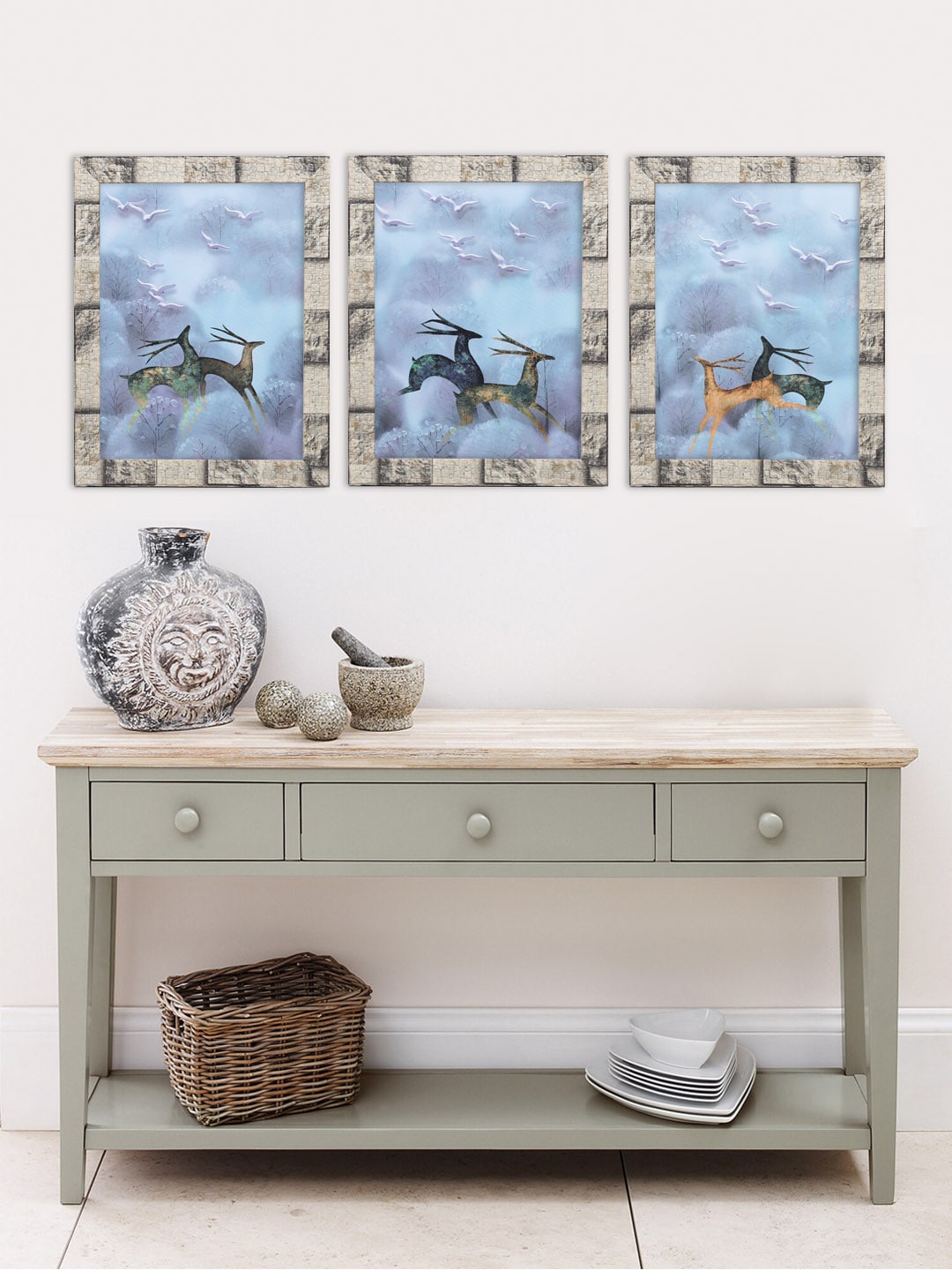 Indianara Blue & Grey Set of 3 Deer Framed Wall Arts