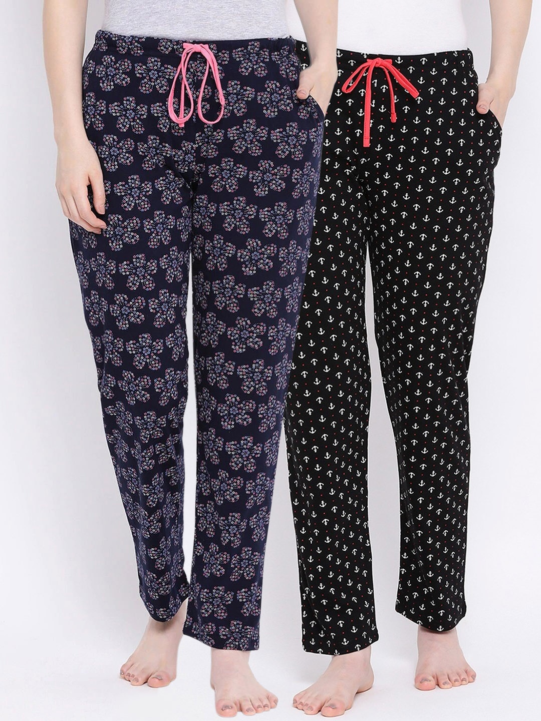 

Kanvin Women Pack of 2 Printed Pure Cotton Lounge Pants PJ1064+PJ1070, Navy blue