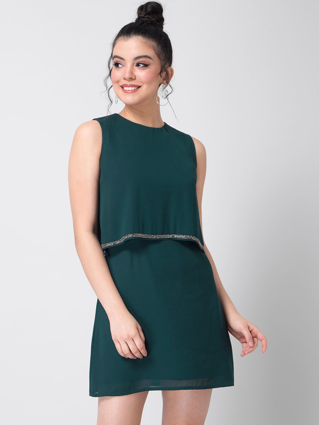 

FabAlley Women Green Solid Layered A-Line Dress with Embellished Detail
