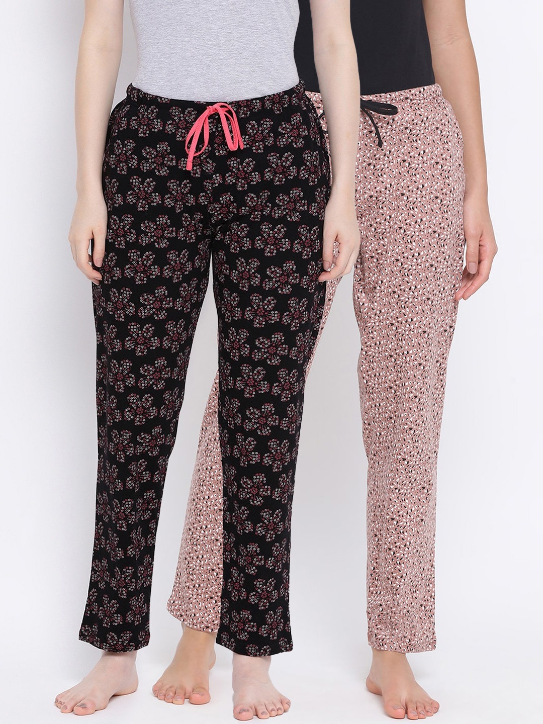 

Kanvin Women Pack Of 2 Printed Pure Cotton Lounge Pants PJ1065+PJ1111, Black