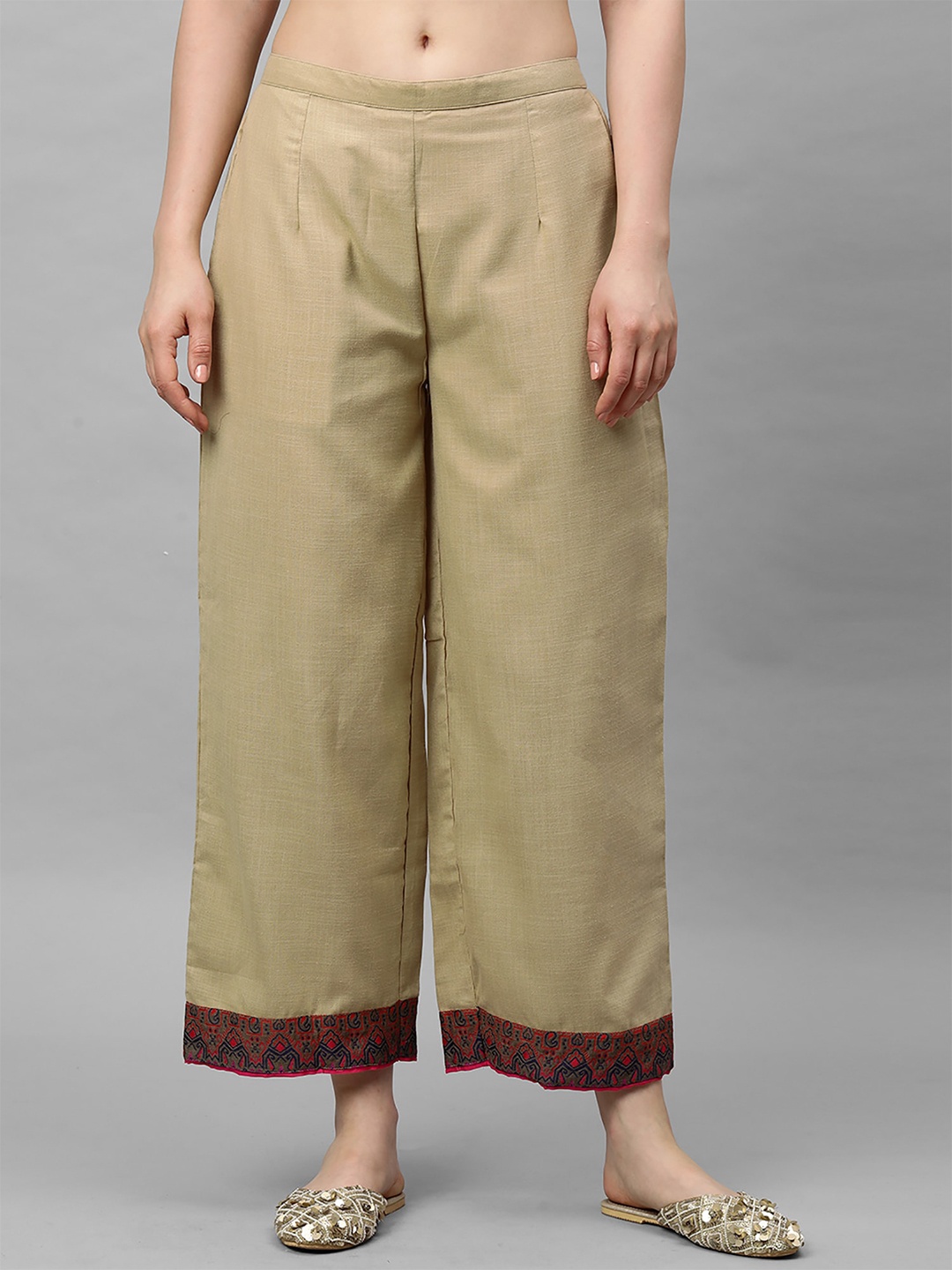 

Indo Era Women Beige Hem Design Straight Palazzos