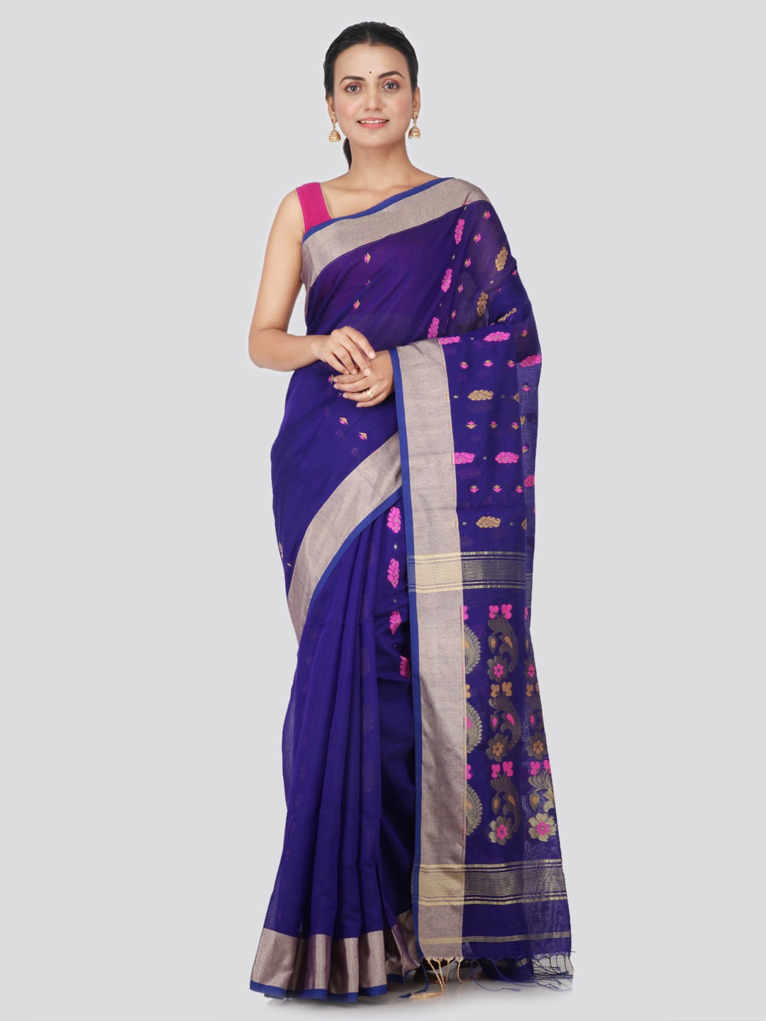 

PinkLoom Blue & Gold-Toned Cotton Blend Woven Design Handloom Sustainable Saree