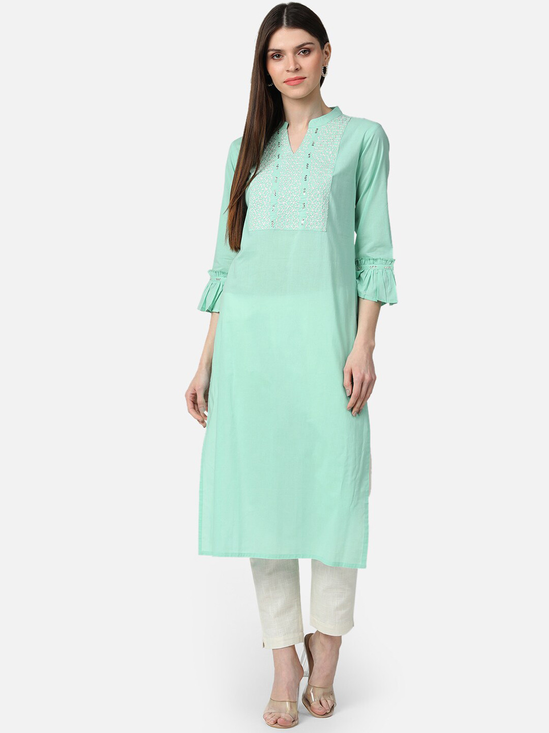 

AHIKA Women Sea Green Yoke Design Bell Sleeves Kurta