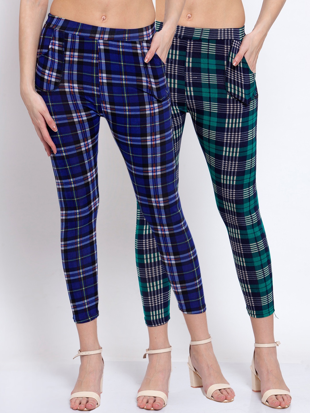 KLOTTHE Women Pack Of 2 Checked Skinny-Fit Jeggings, Green