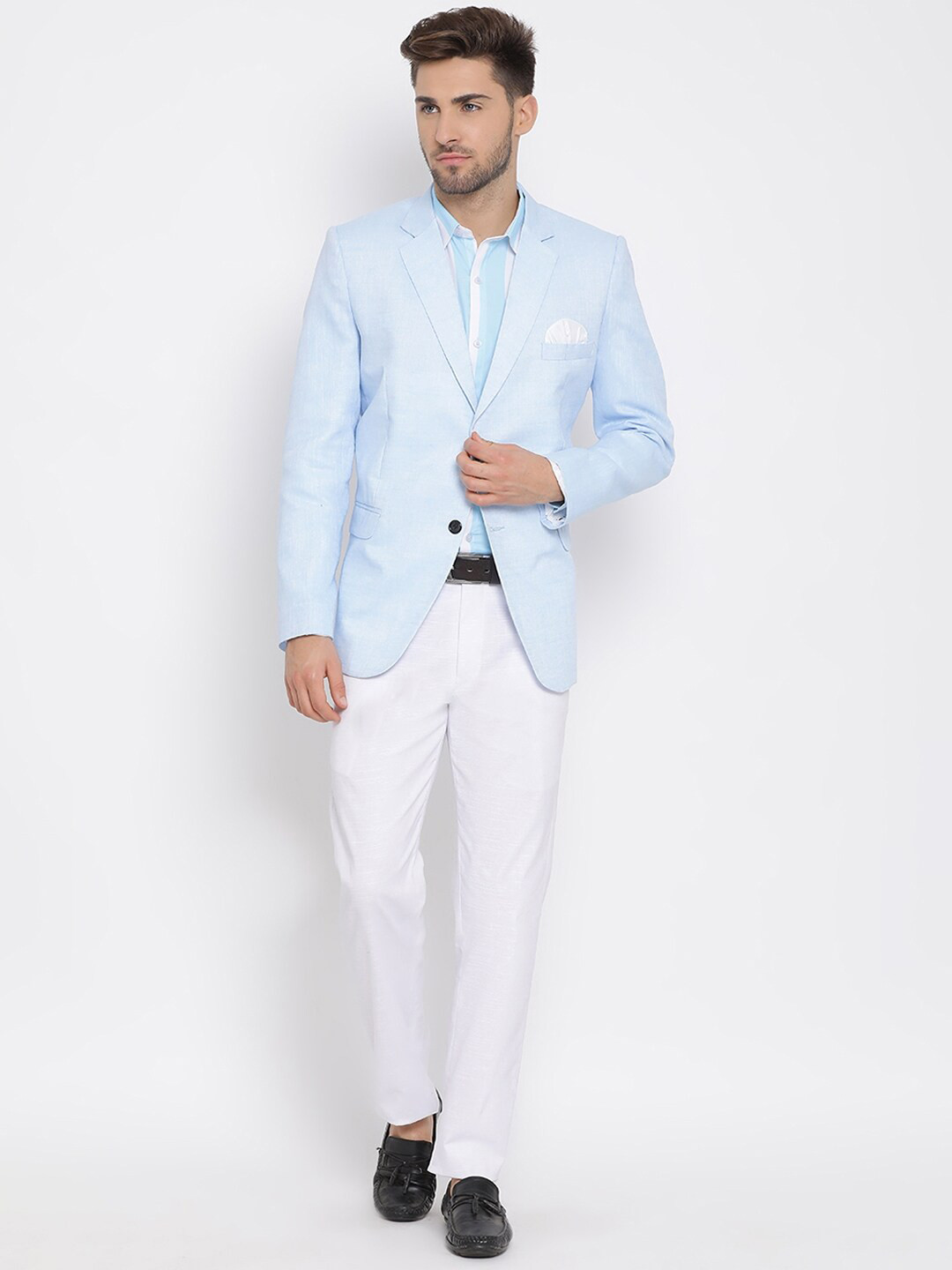 

Hangup Men Blue & White Solid Single-Breasted Three-Piece Casual Suit