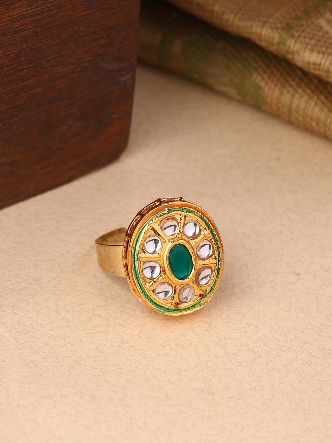 

Shoshaa Women Gold Plated Green & White Meenakari Stone-Studded Finger Ring