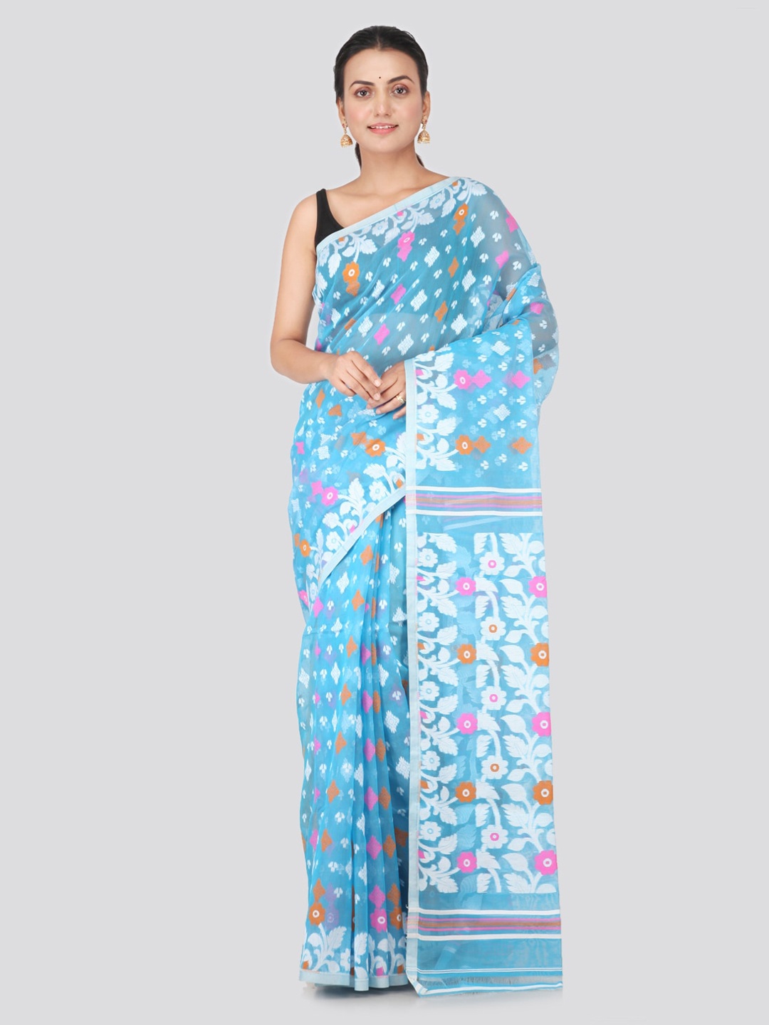 PinkLoom Blue & White Pure Cotton Woven Design Handloom Jamdani Saree