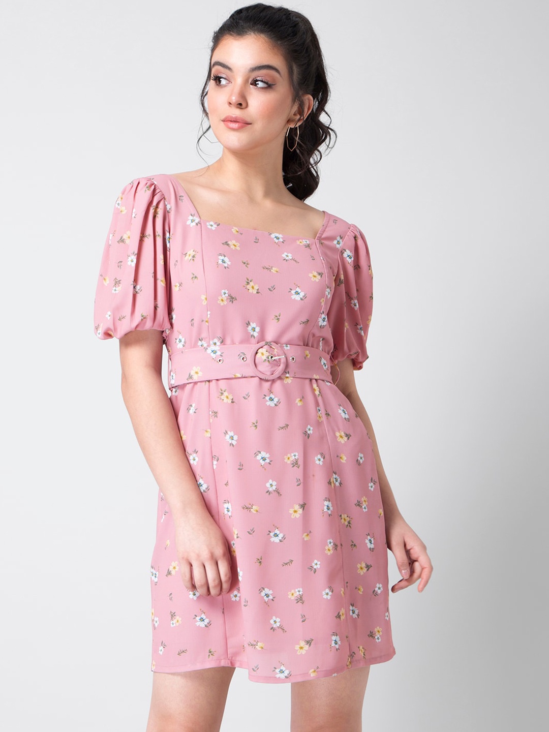 

FabAlley Women Pink & White Floral Printed A-Line Dress with Belt
