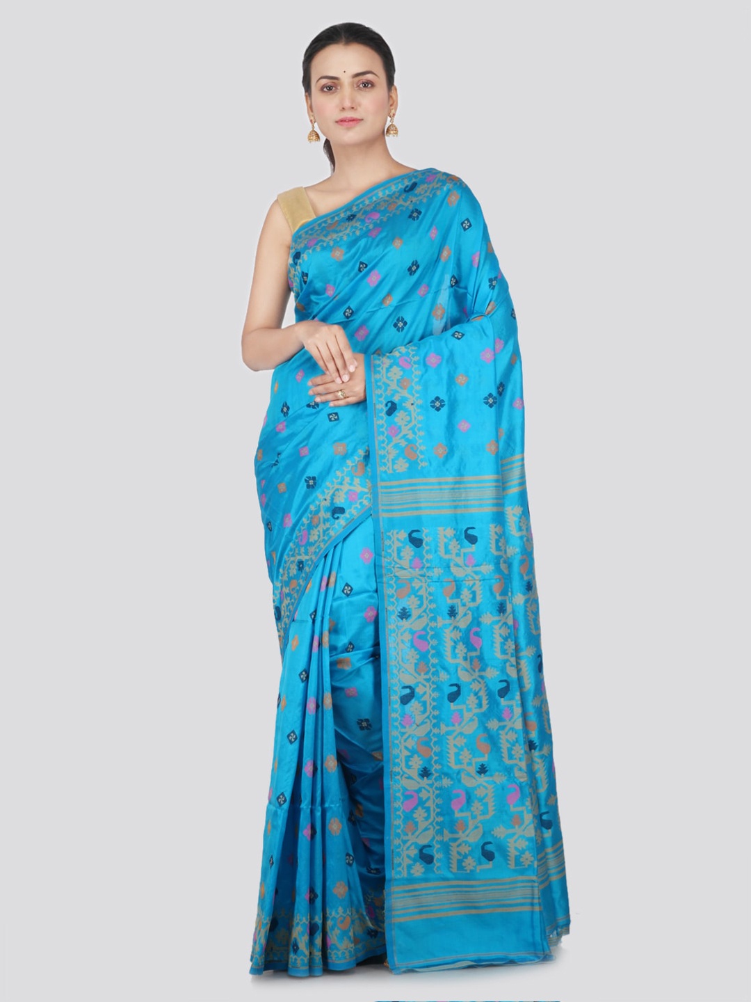 

PinkLoom Turquoise Blue & Pink Pure Silk Woven Design Handloom Jamdani Sustainable Saree