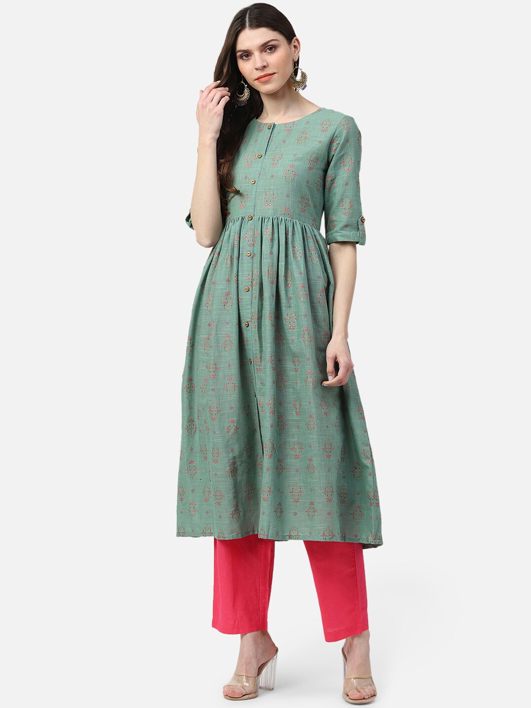 

AHIKA Women Green Ethnic Motifs Printed Anarkali Kurta