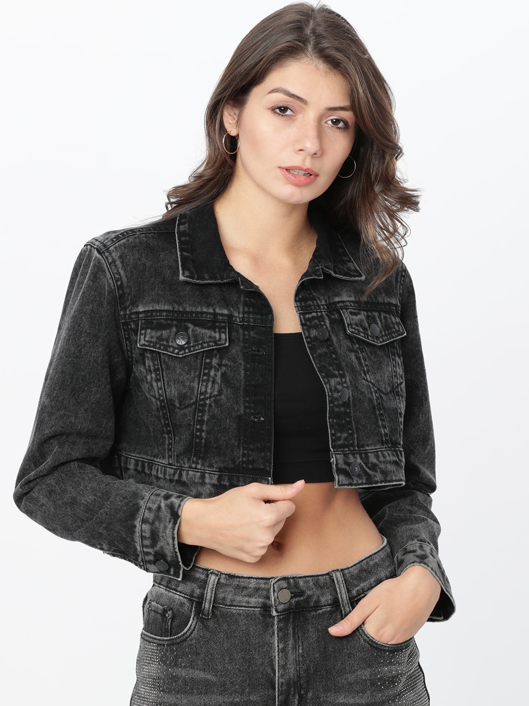 

Tokyo Talkies Women Black Solid Cotton Denim Jacket