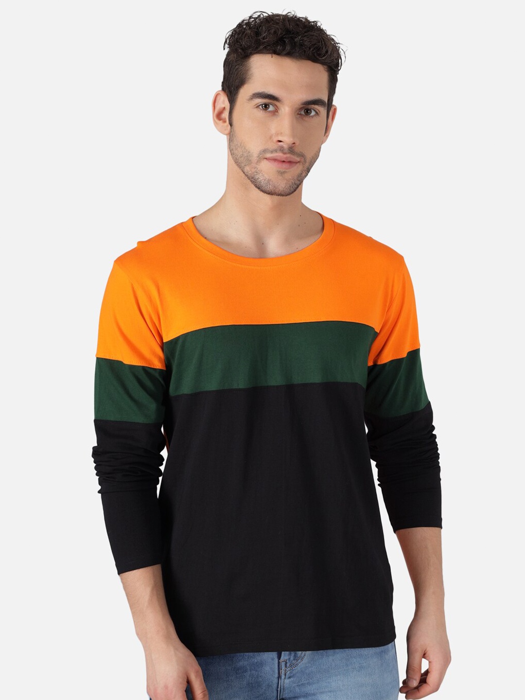 

The Dry State Men Black & Orange Colourblocked Cotton Round Neck T-shirt