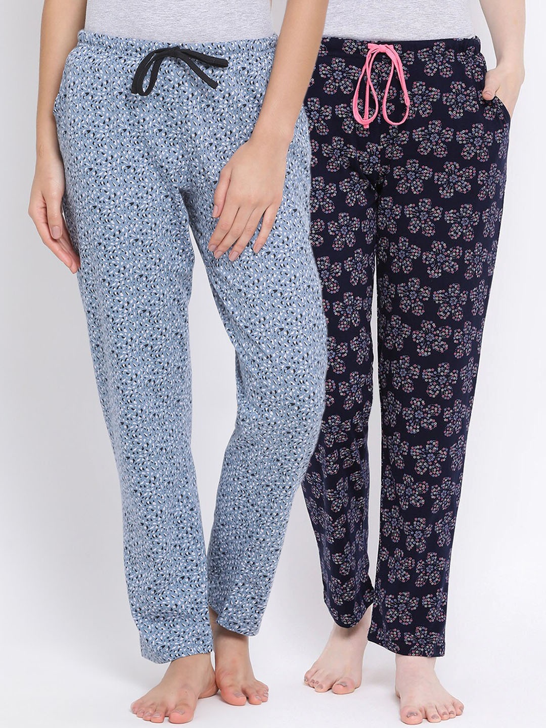 

Kanvin Women Pack of 2 Printed Pure Cotton Lounge Pants PJ1064+PJ1112, Navy blue