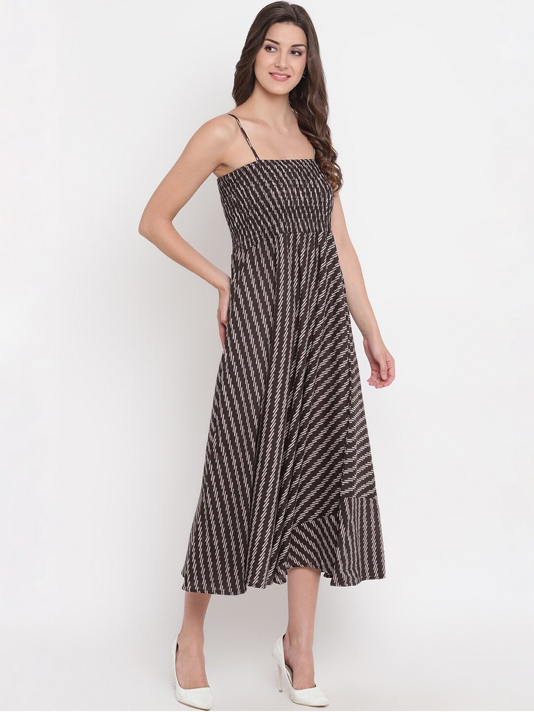 

Aawari Women Brown Striped Cotton Gown Dress