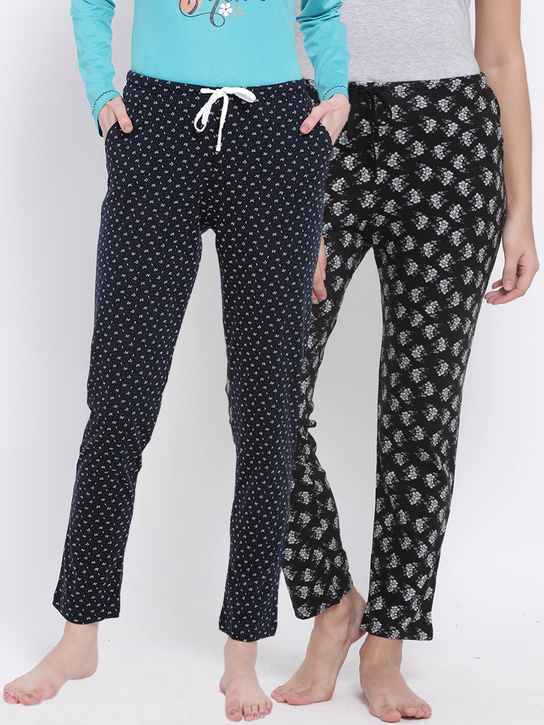 

Kanvin Women Pack of 2 Printed Pure Cotton Lounge Pants PJ1117+PJ1121, Navy blue