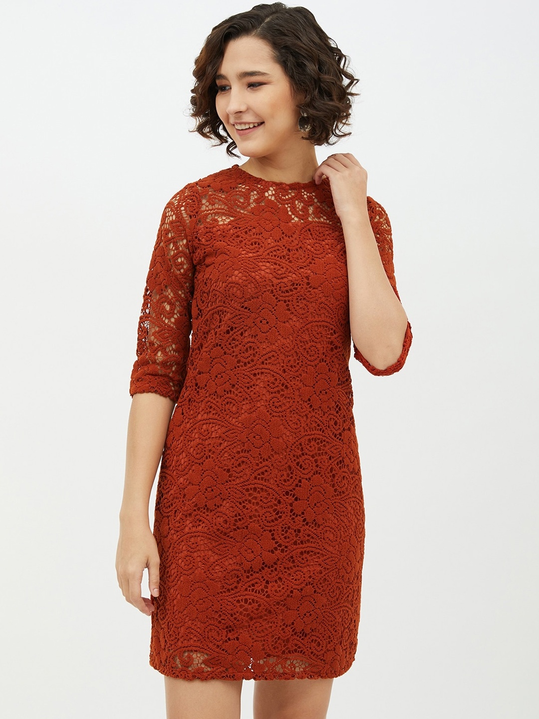 

StyleStone Women Rust Red Lace Sheath Dress