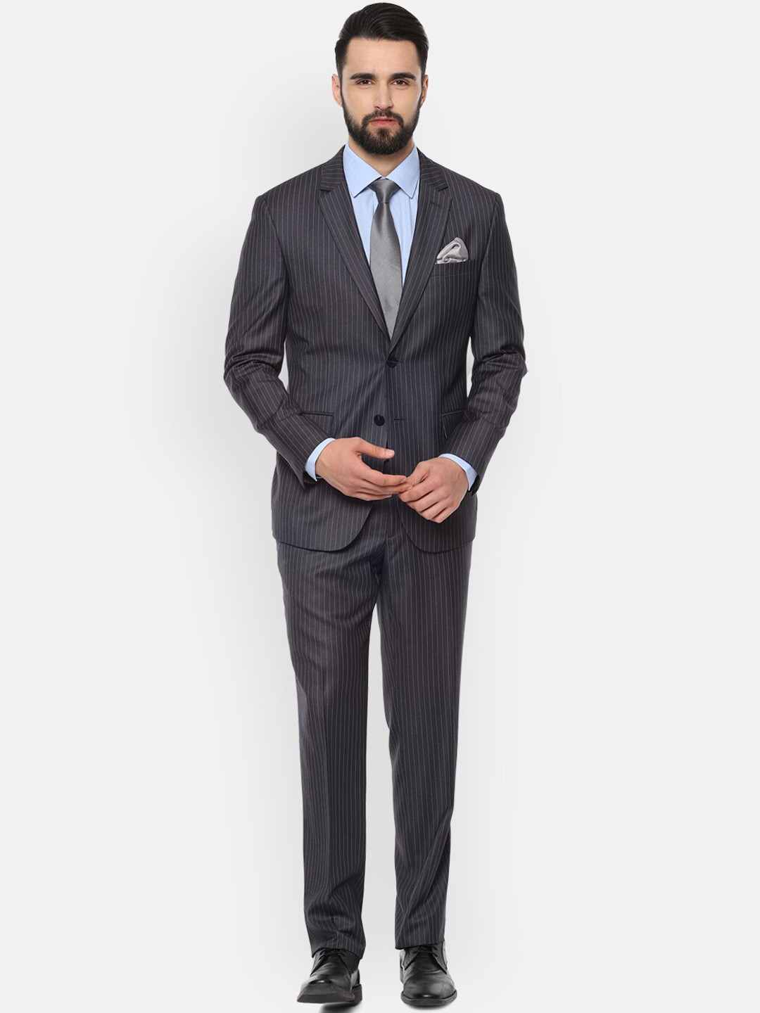 

Van Heusen Men Charcoal Grey & Off-White Striped Slim-Fit Single-Breasted Formal Suit