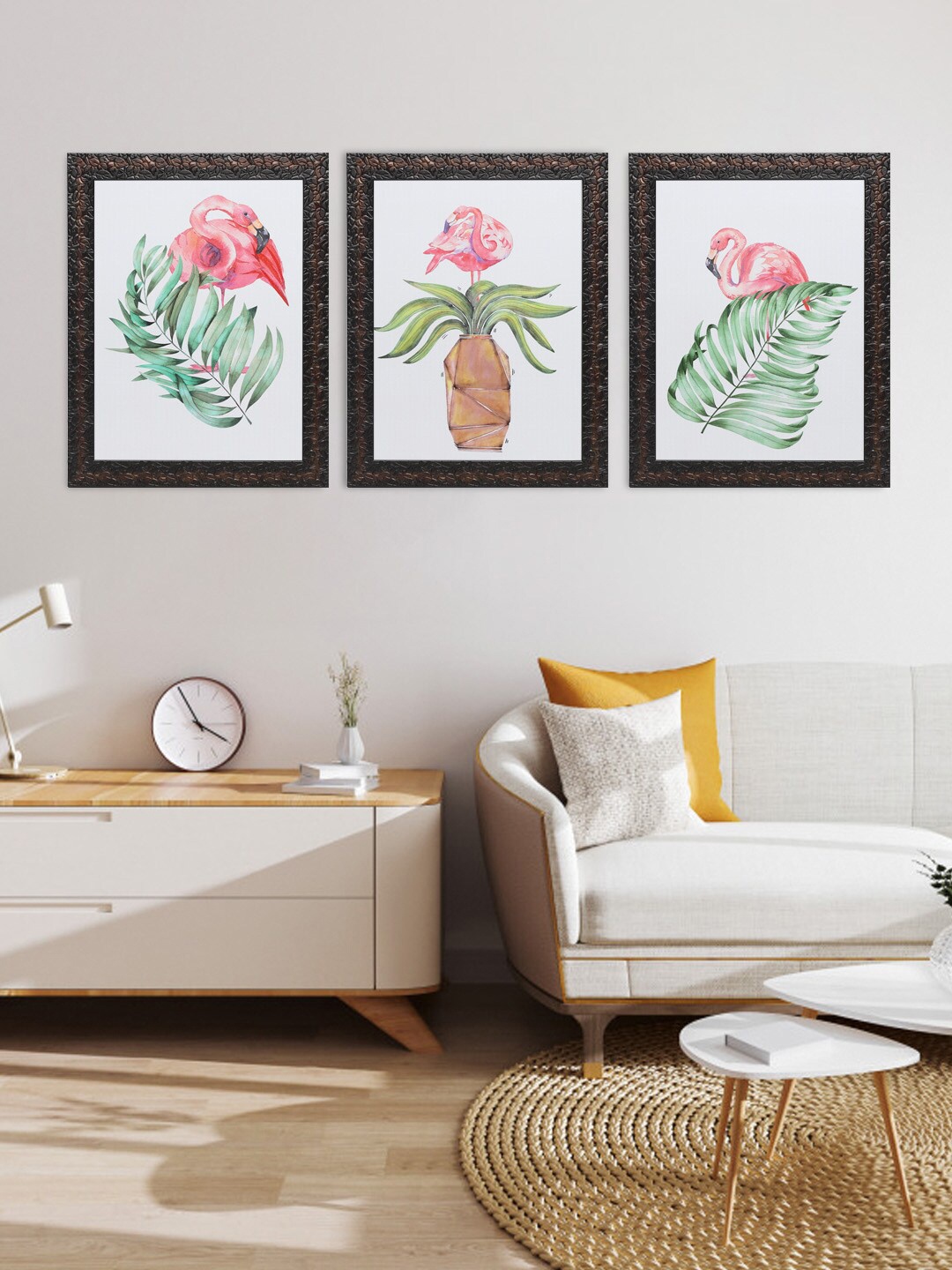 

Indianara Set Of 3 White & Pink Leaves & Flamingo Framed Art Prints Without Glass