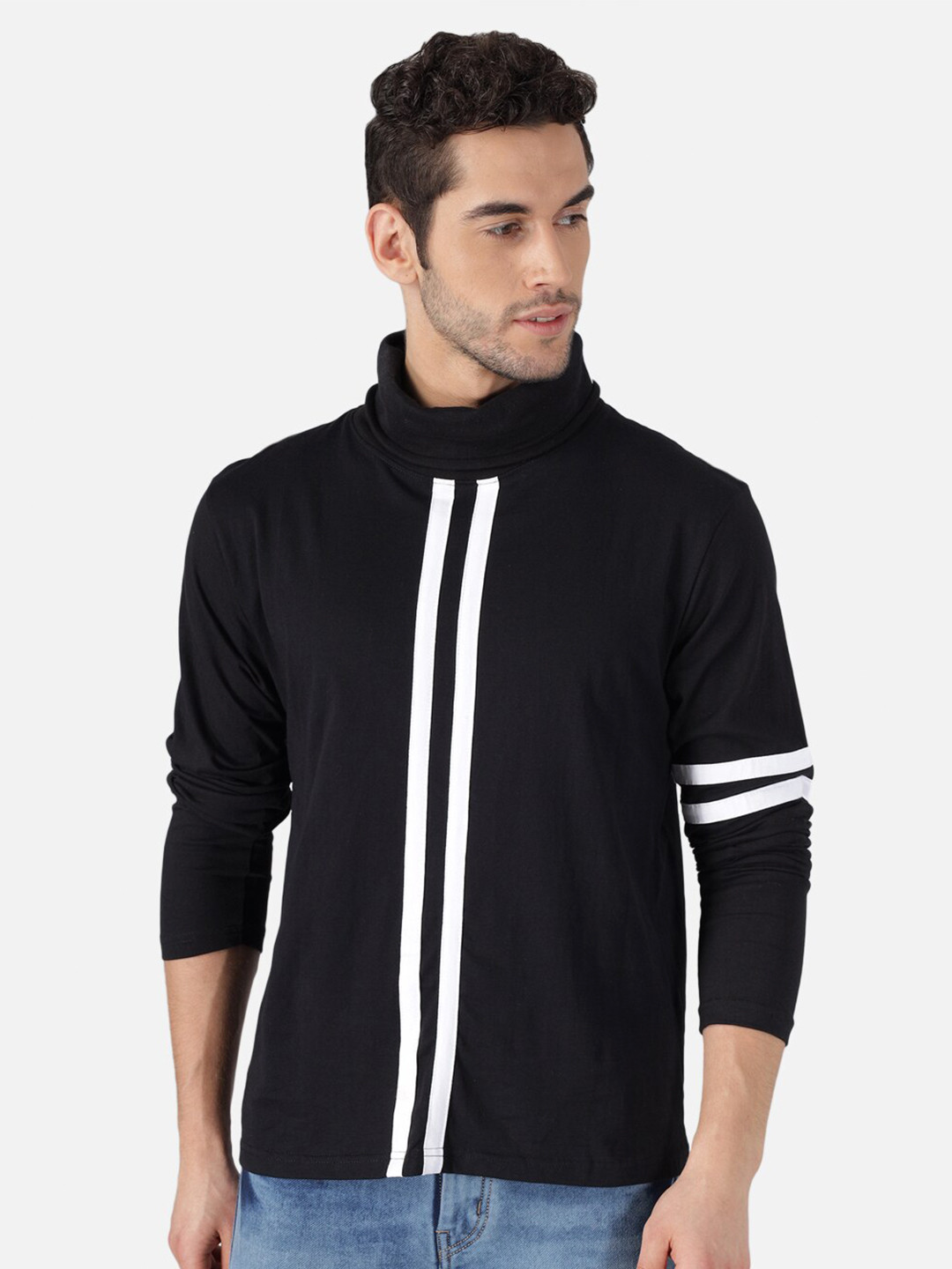 

The Dry State Men Black Striped Cotton Turtle Neck T-shirt