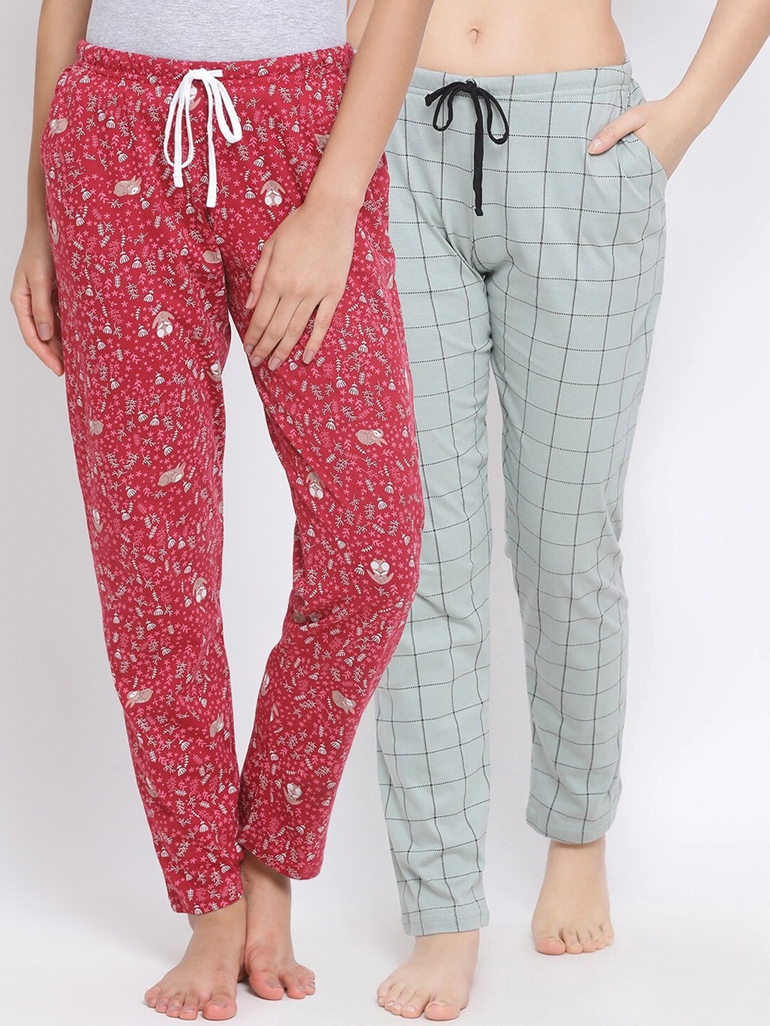 

Kanvin Women Pack Of 2 Printed Pure Cotton Lounge Pants, Red