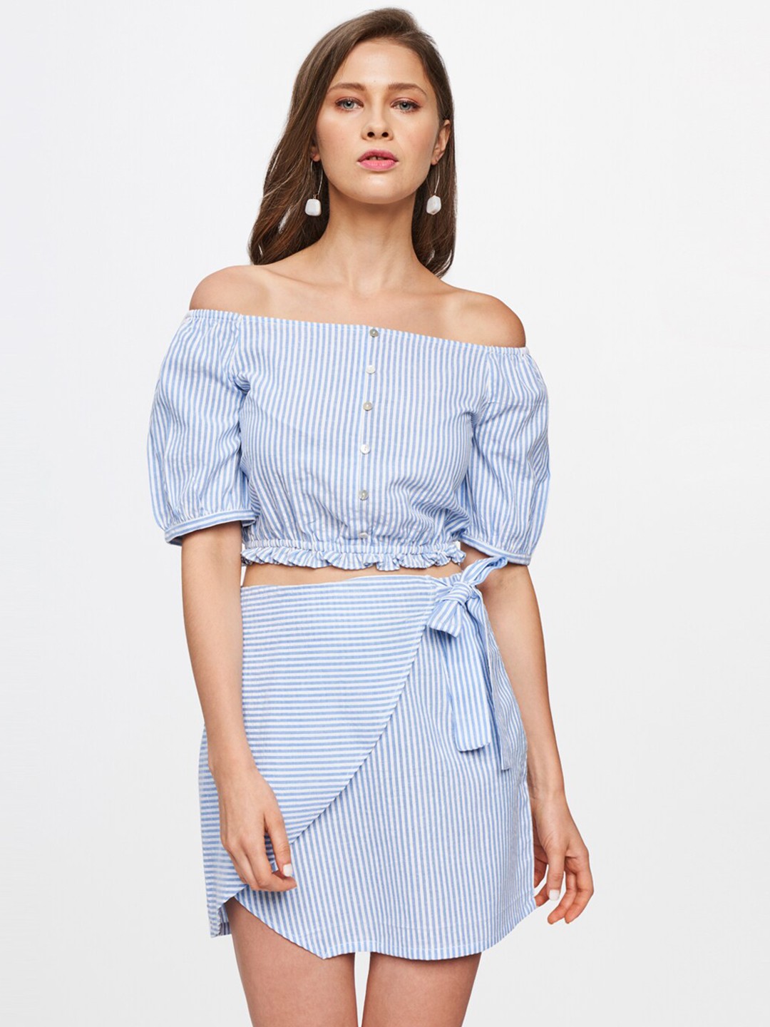 

AND Women Blue & White Striped Top with Skirt