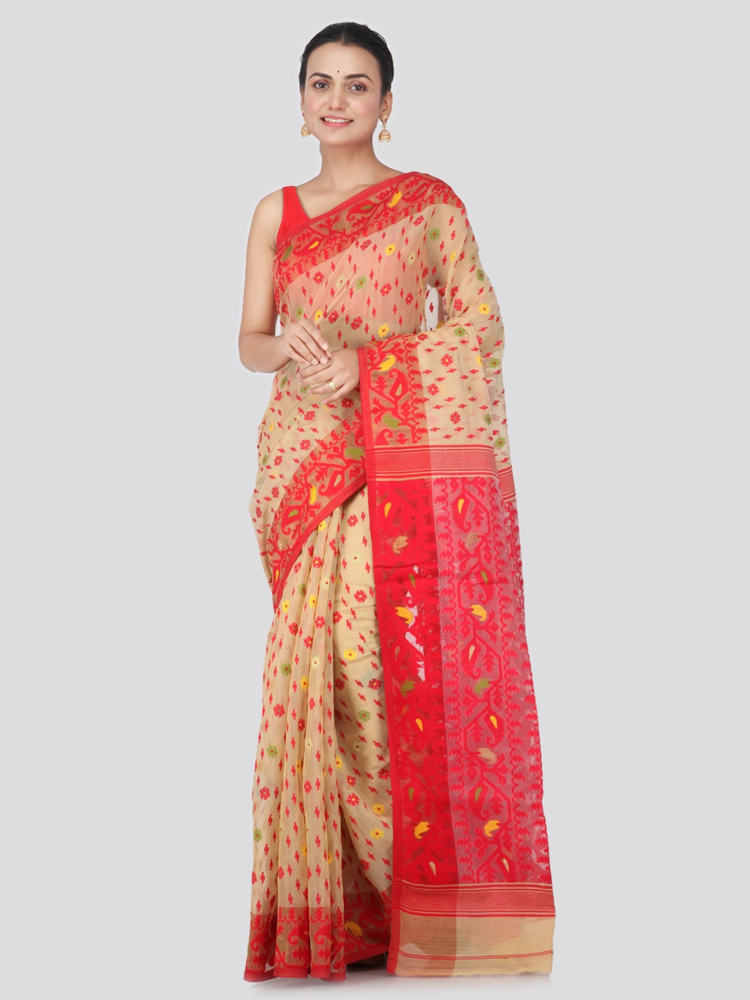 

PinkLoom Beige & Red Pure Cotton Woven Design Jamdani Sustainable Saree