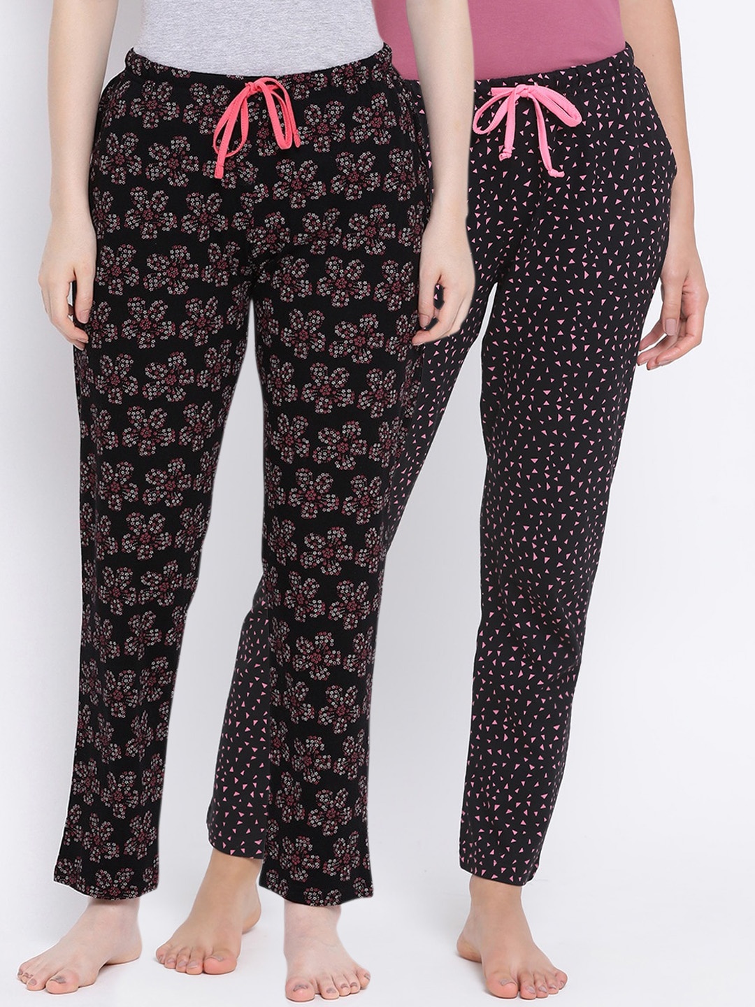 

Kanvin Women Pack Of 2 Printed Pure Cotton Lounge Pants PJ1065+PJ1124, Black