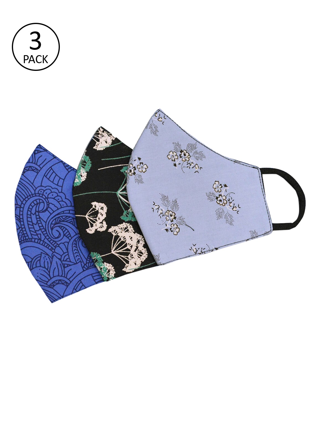 

Tossido Women Pack Of 3 Blue & Black 100% Cotton Premium Cloth Face Masks