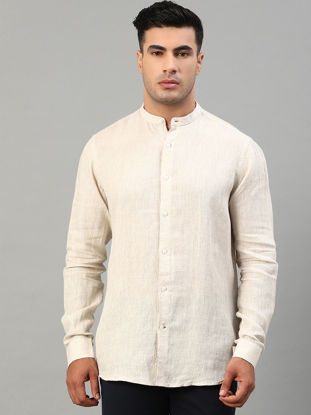 

HARSAM Men Off-White Regular Fit Solid Casual Linen Shirt