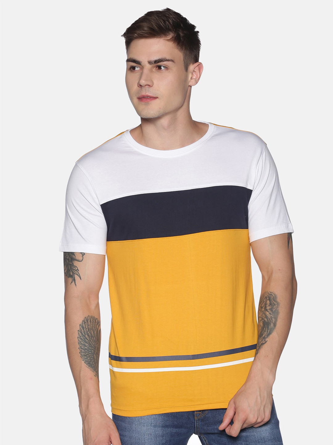 

UrGear Men Yellow White Colourblocked Round Neck Cotton Pure Cotton T-shirt