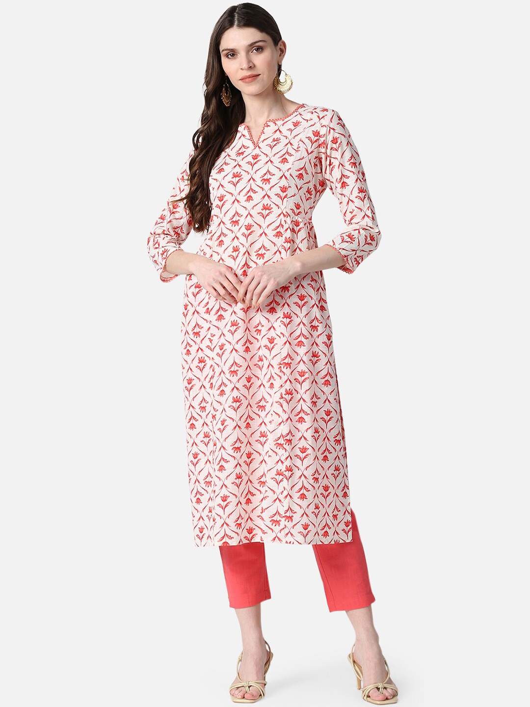 

AHIKA Women White & Coral Ethnic Motifs Printed Kurta