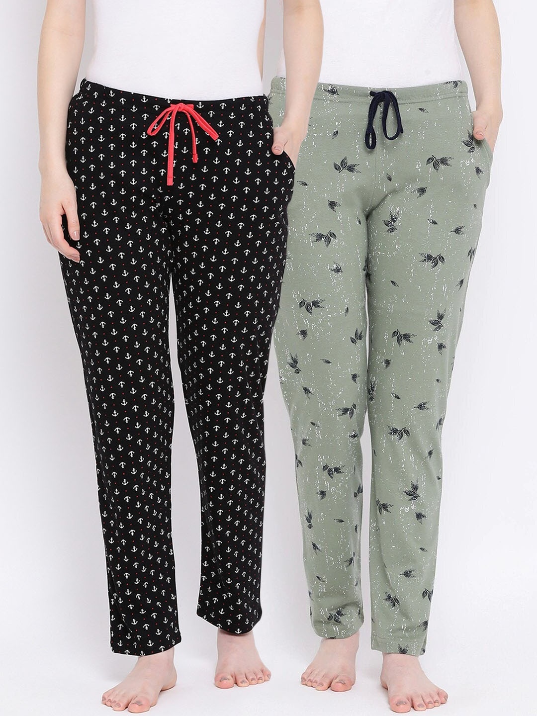 

Kanvin Women Pack of 2 Printed Pure Cotton Lounge Pants PJ1070+PJ1122, Black