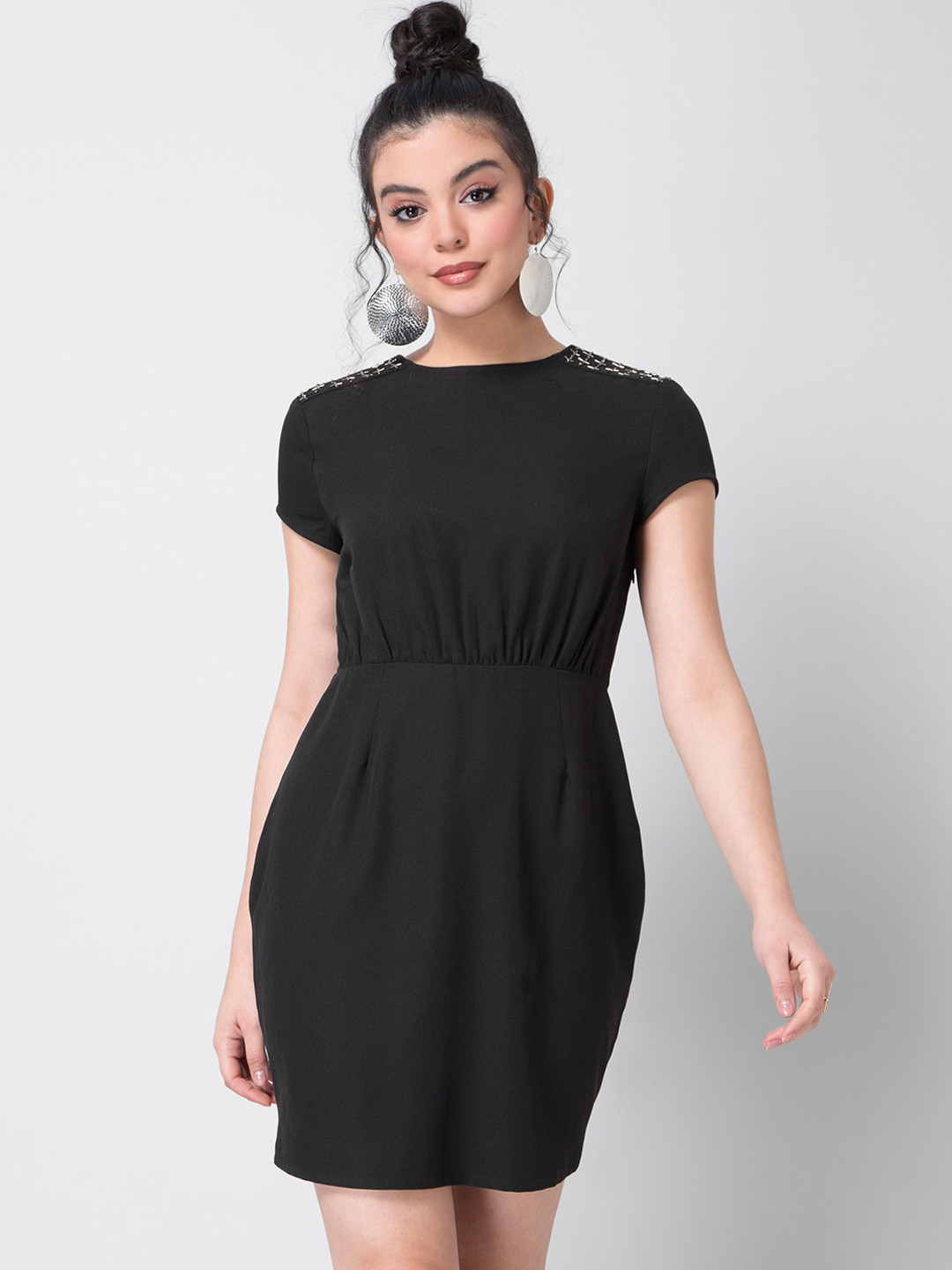 

FabAlley Women Black Solid A-Line Dress with Embellished Detail