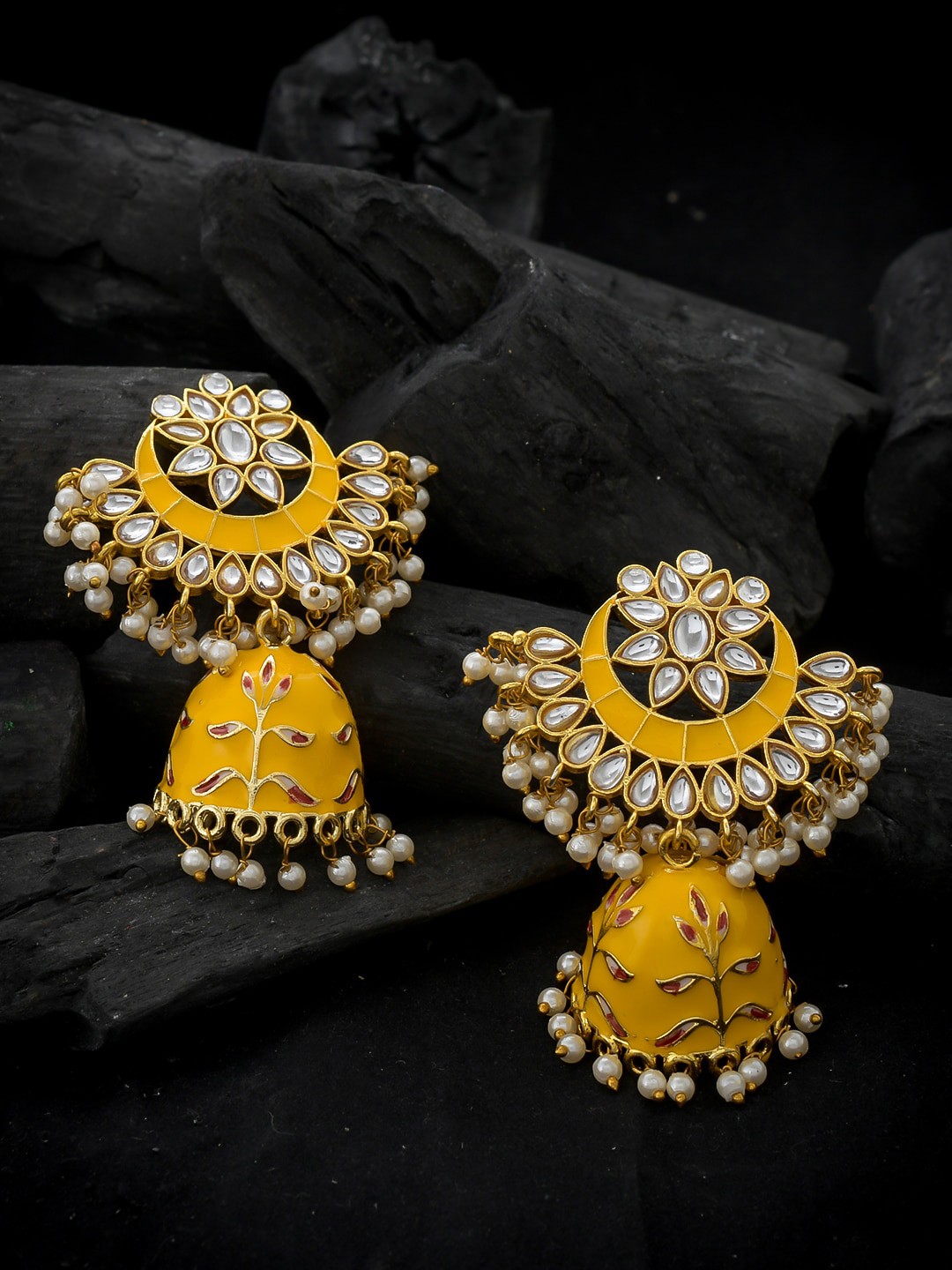 

Silvermerc Designs Gold-Plated & Yellow Handpainted Contemporary Jhumkas