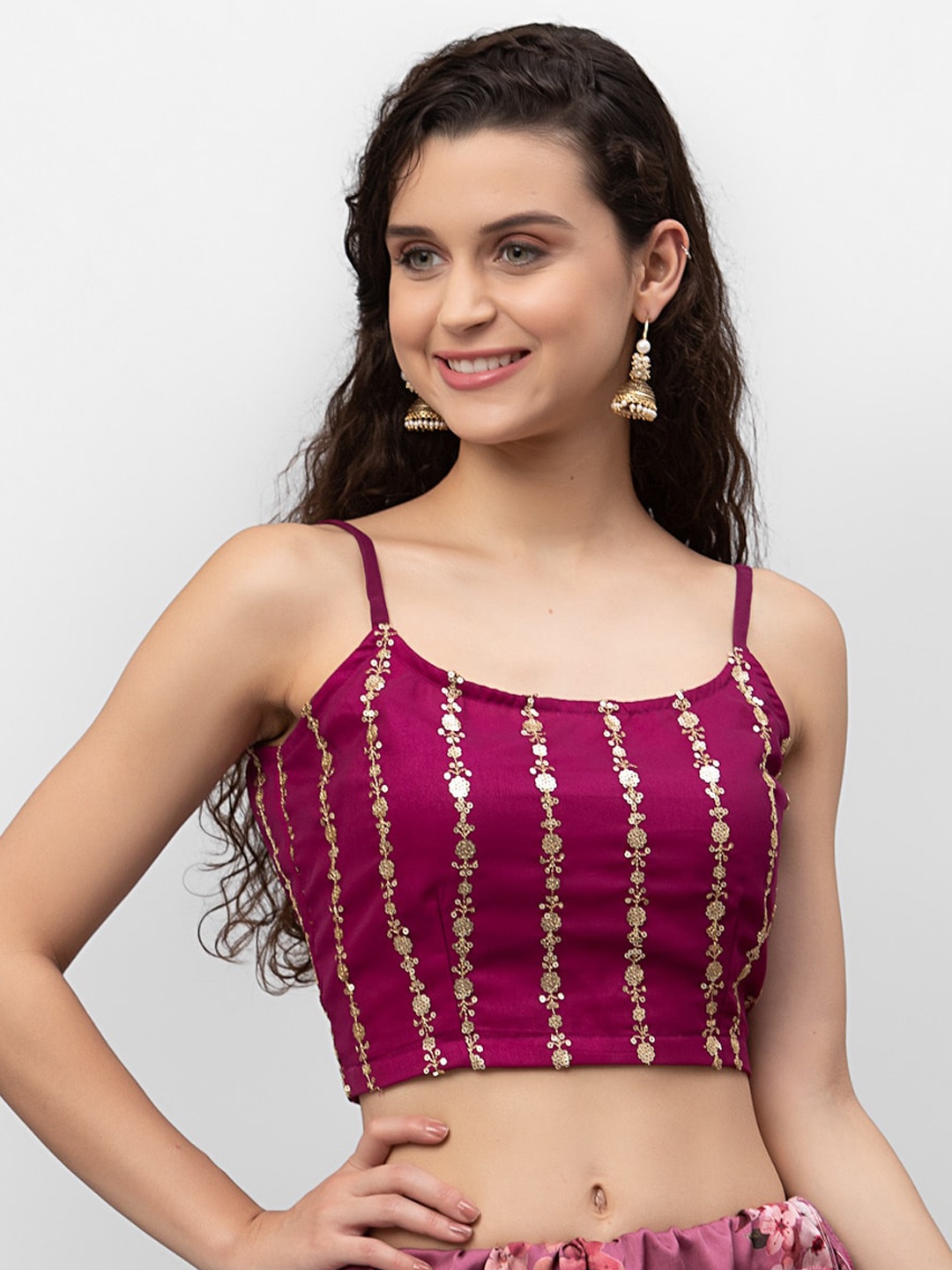 

studio rasa Burgundy & Gold-Toned Floral Embellished Georgette Bralette Crop Top