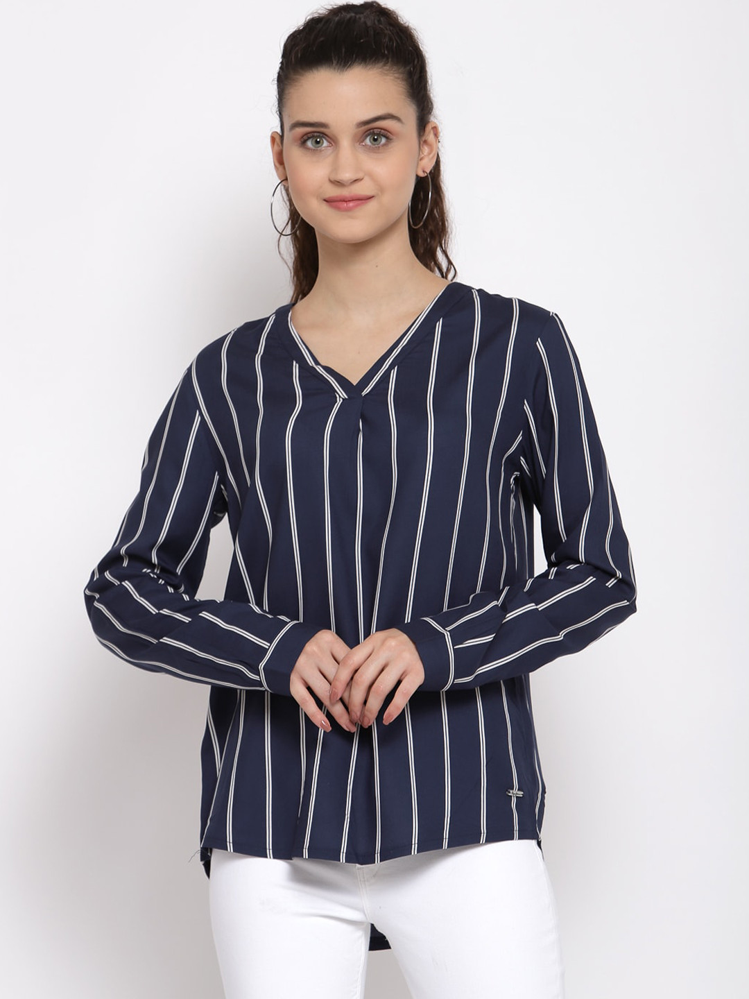 

Pepe Jeans Women Navy Blue Striped High-Low Top