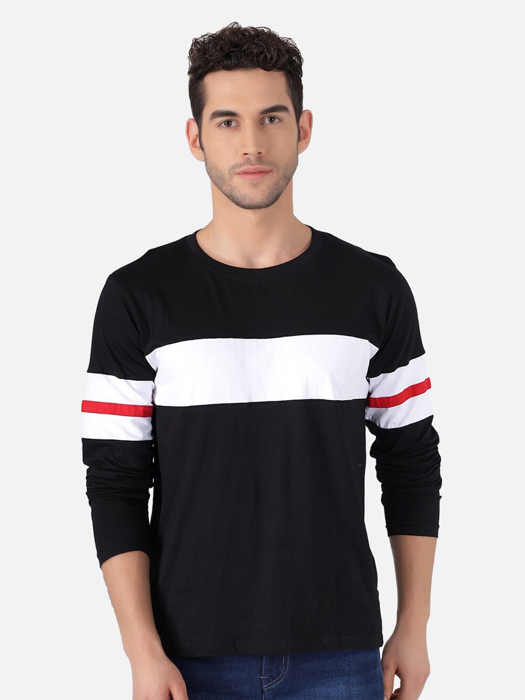 

The Dry State Men Black & White Colourblocked Cotton Round Neck T-shirt