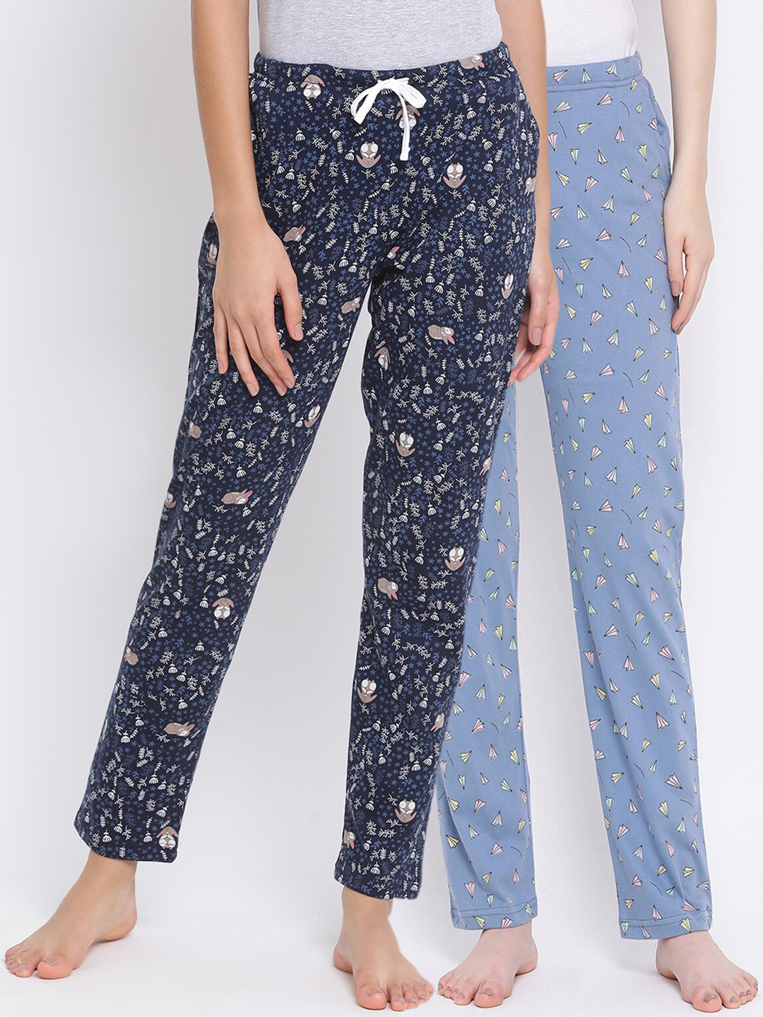 

Kanvin Women Pack Of 2 Printed Pure Cotton Lounge Pants PJ1114+PJ1073, Navy blue
