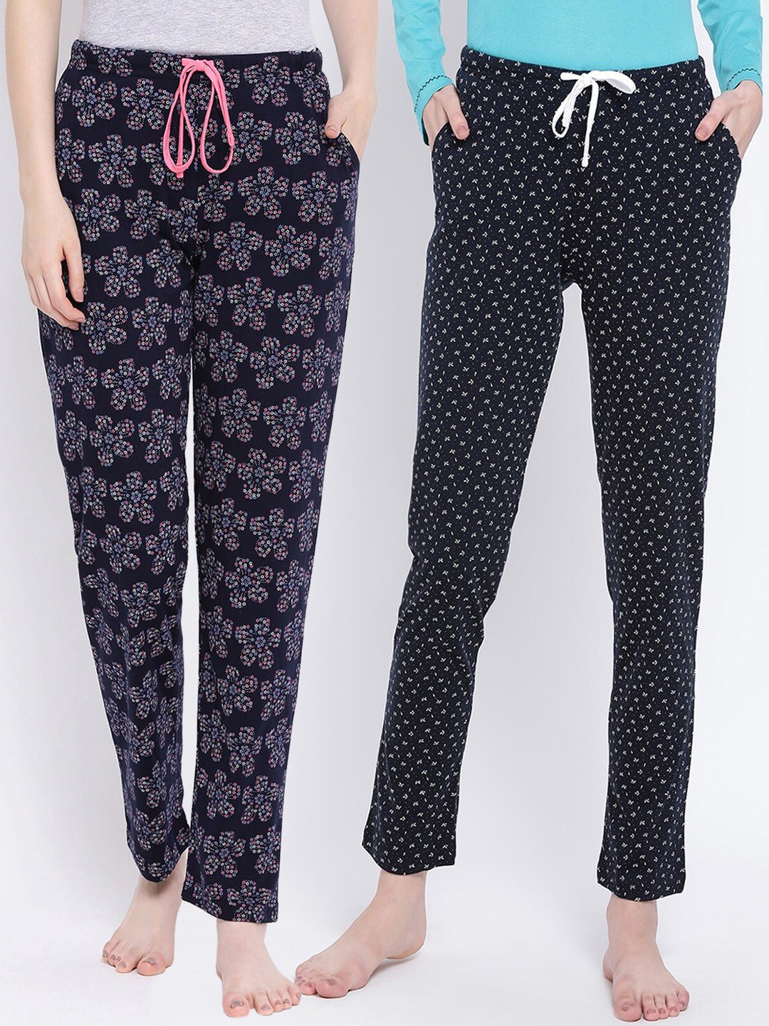 

Kanvin Women Pack Of 2 Printed Pure Cotton Lounge Pants PJ1064+PJ1117, Navy blue