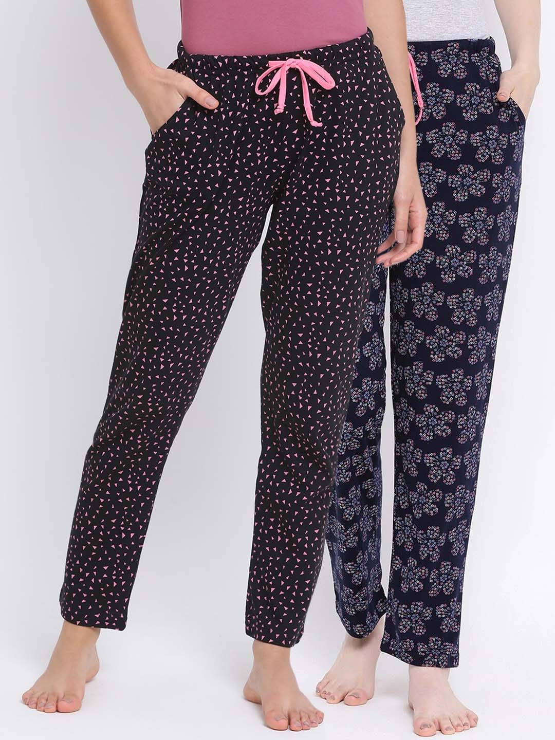 

Kanvin Women Pack Of 2 Printed Pure Cotton Lounge Pants PJ1064+PJ1124, Navy blue