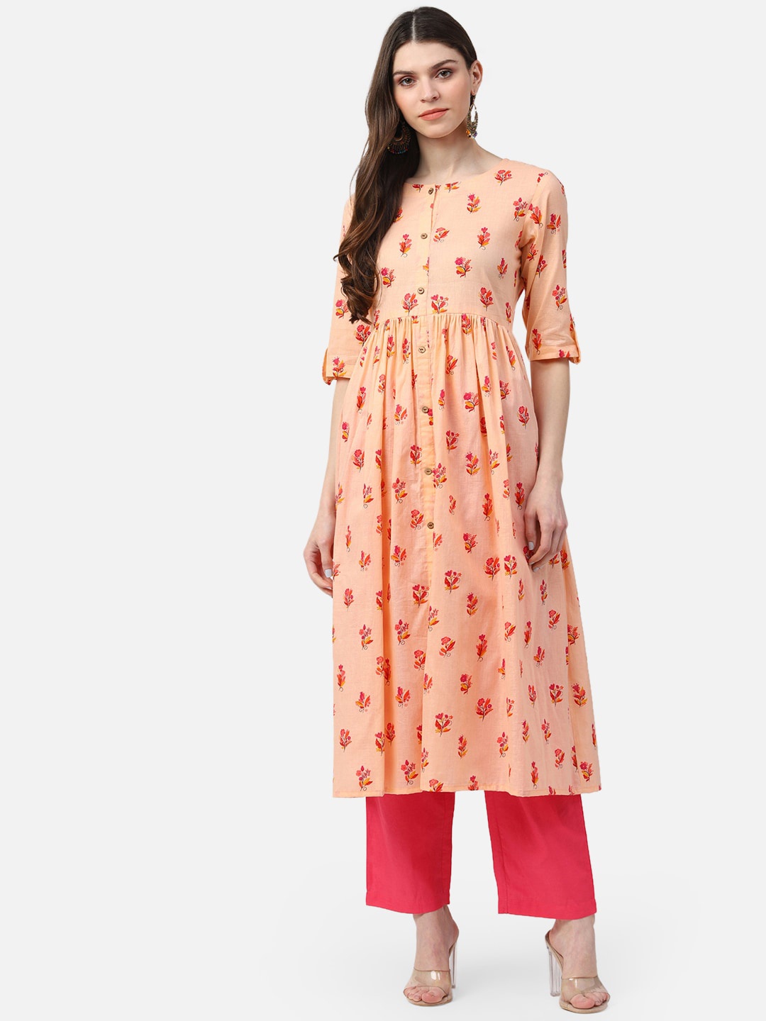 

AHIKA Women Peach-Coloured Floral Printed Pastels Anarkali Kurta