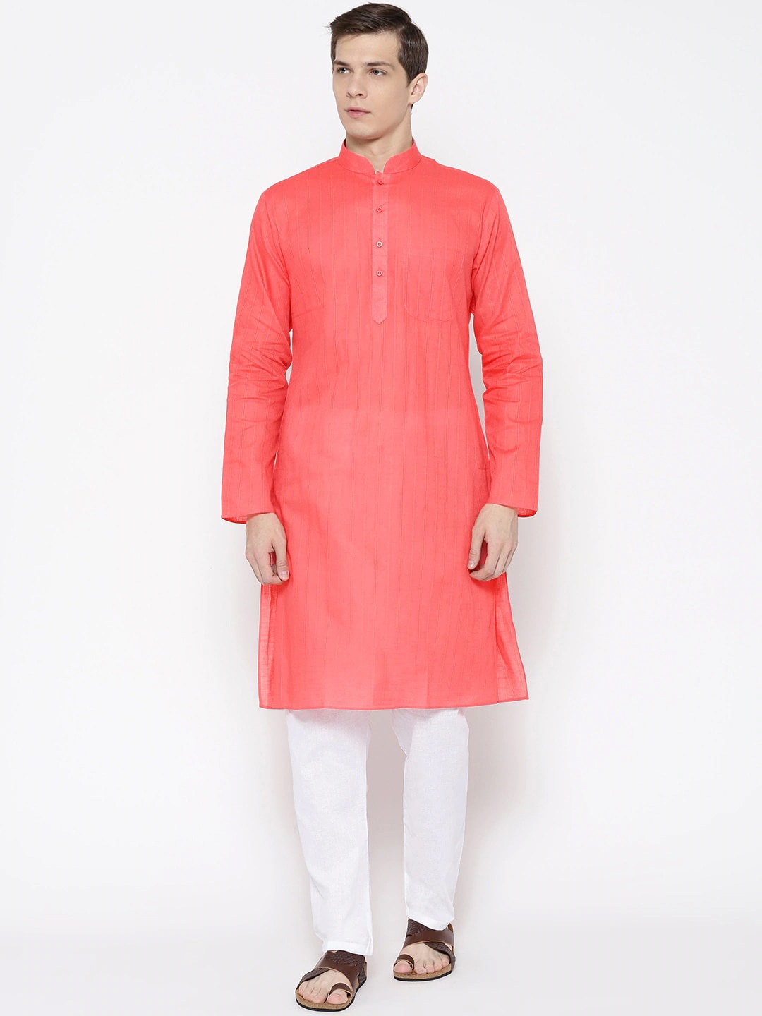 SG LEMAN Men Peach-Coloured & White Self Design Kurta with Pyjamas