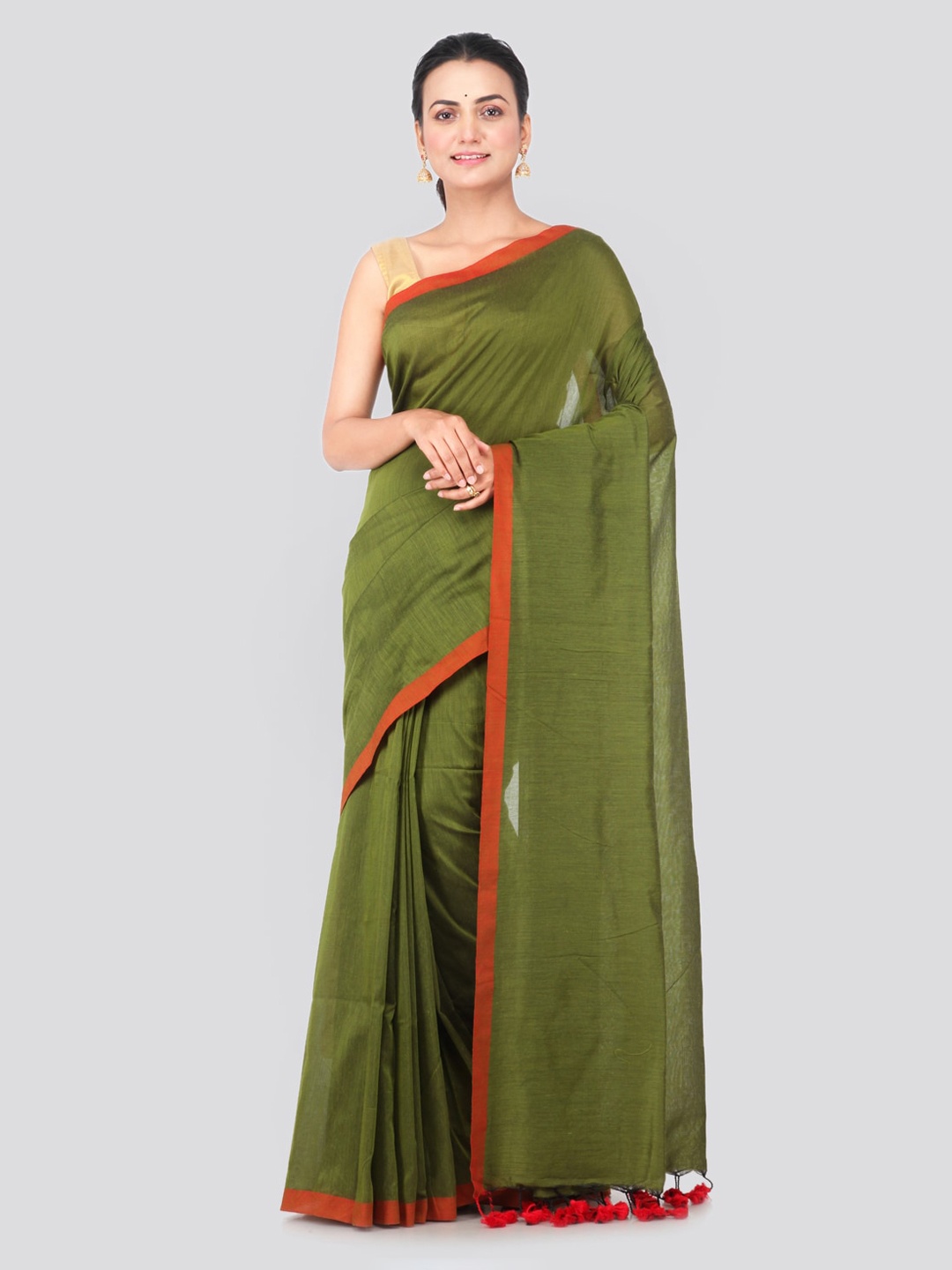 

PinkLoom Olive Green Solid Pure Cotton Handloom Sustainable Saree