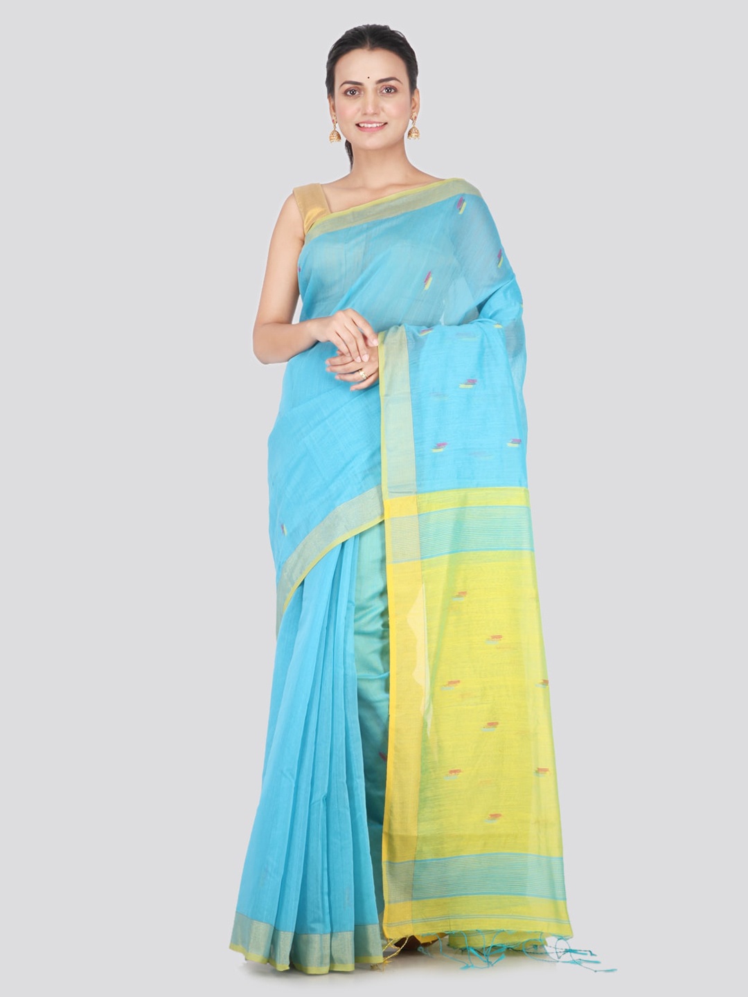 

PinkLoom Blue & Yellow Cotton Blend Woven Design Handloom Sustainable Saree