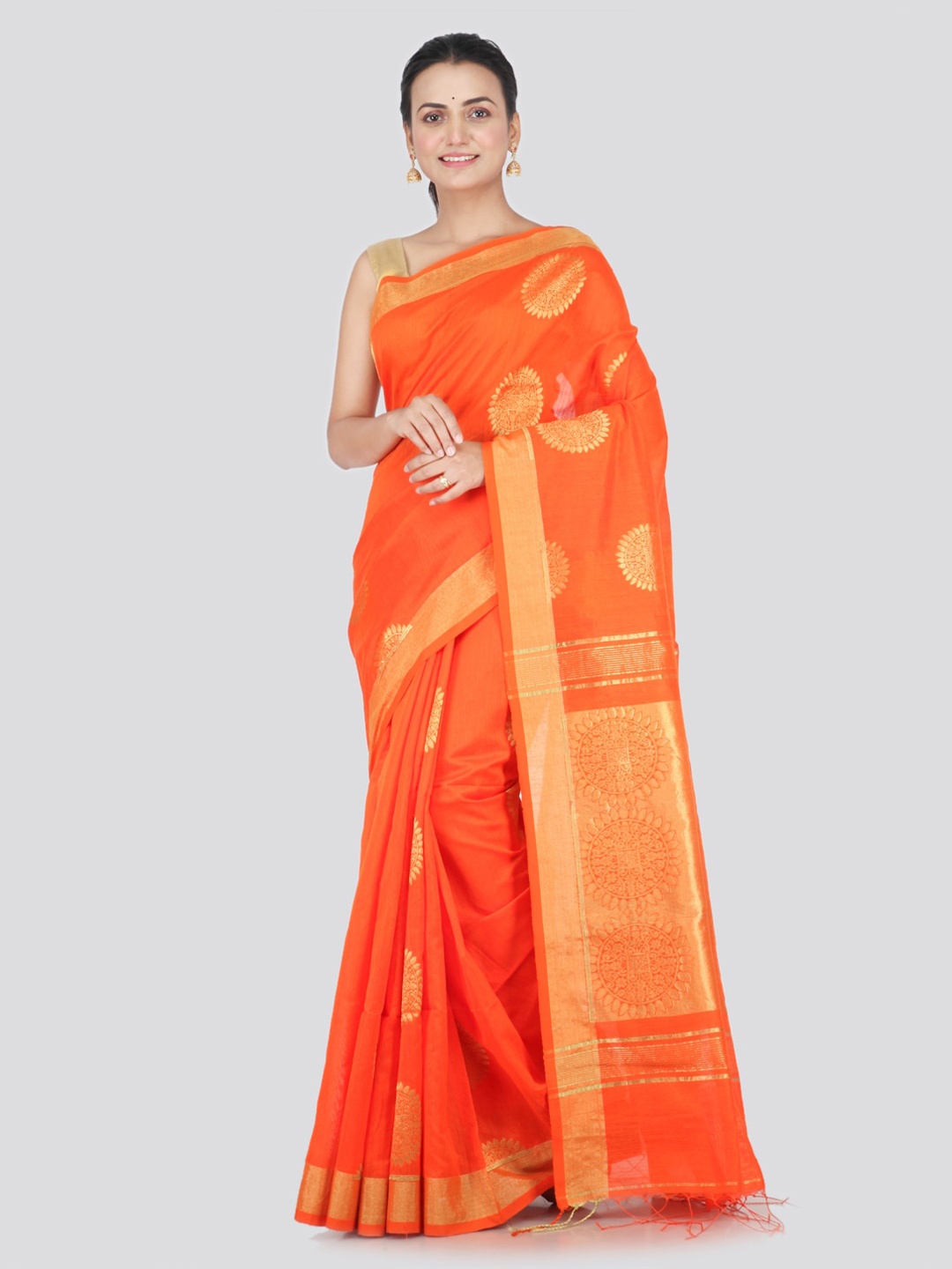 

PinkLoom Orange & Gold Cotton Blend Woven Design Handloom Sustainable Saree
