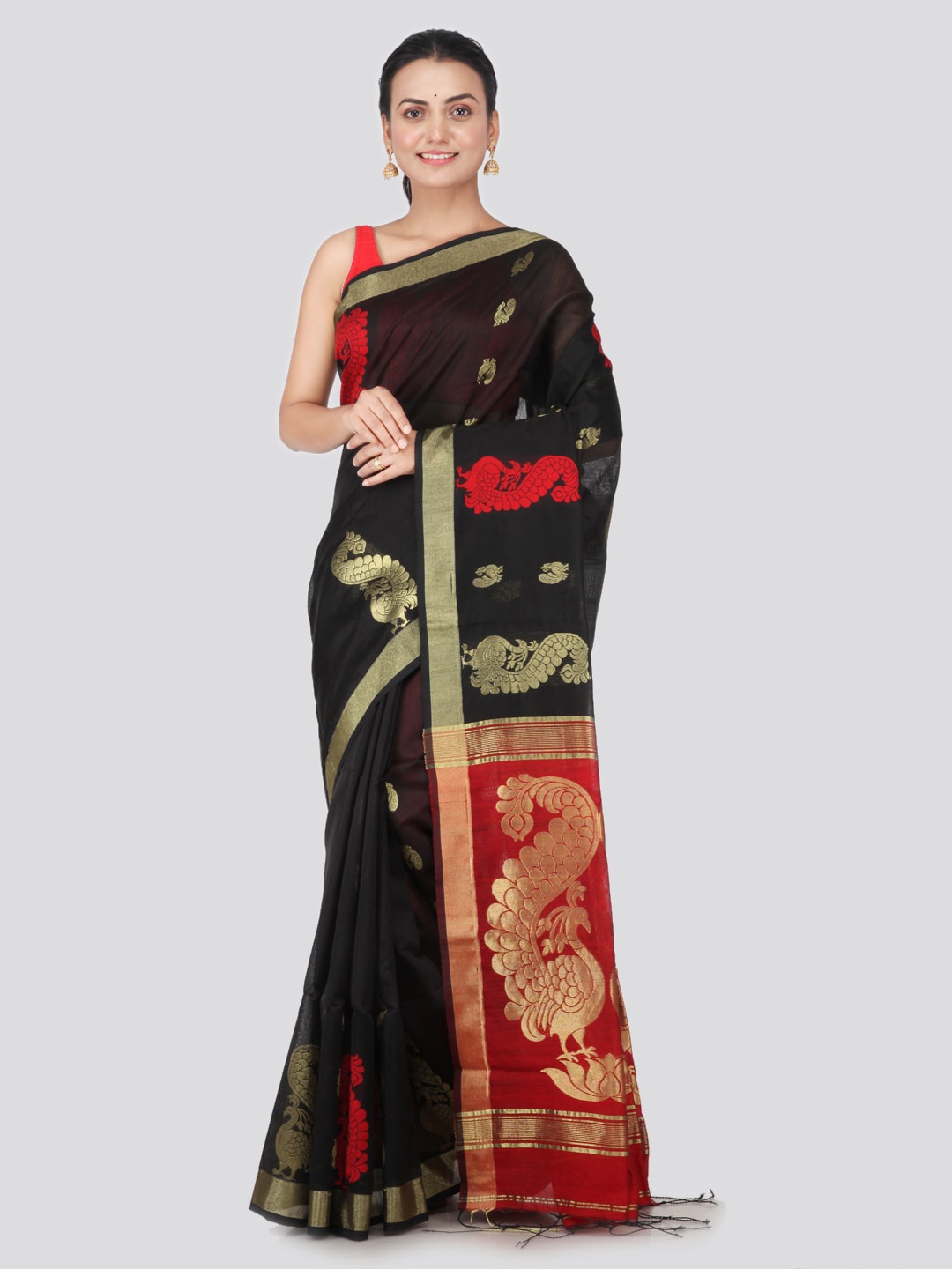 PinkLoom Black & Red Cotton Silk Woven Design Handloom Saree